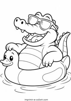 Crocodilo usando boia de patinho e óculos escuros na lagoa