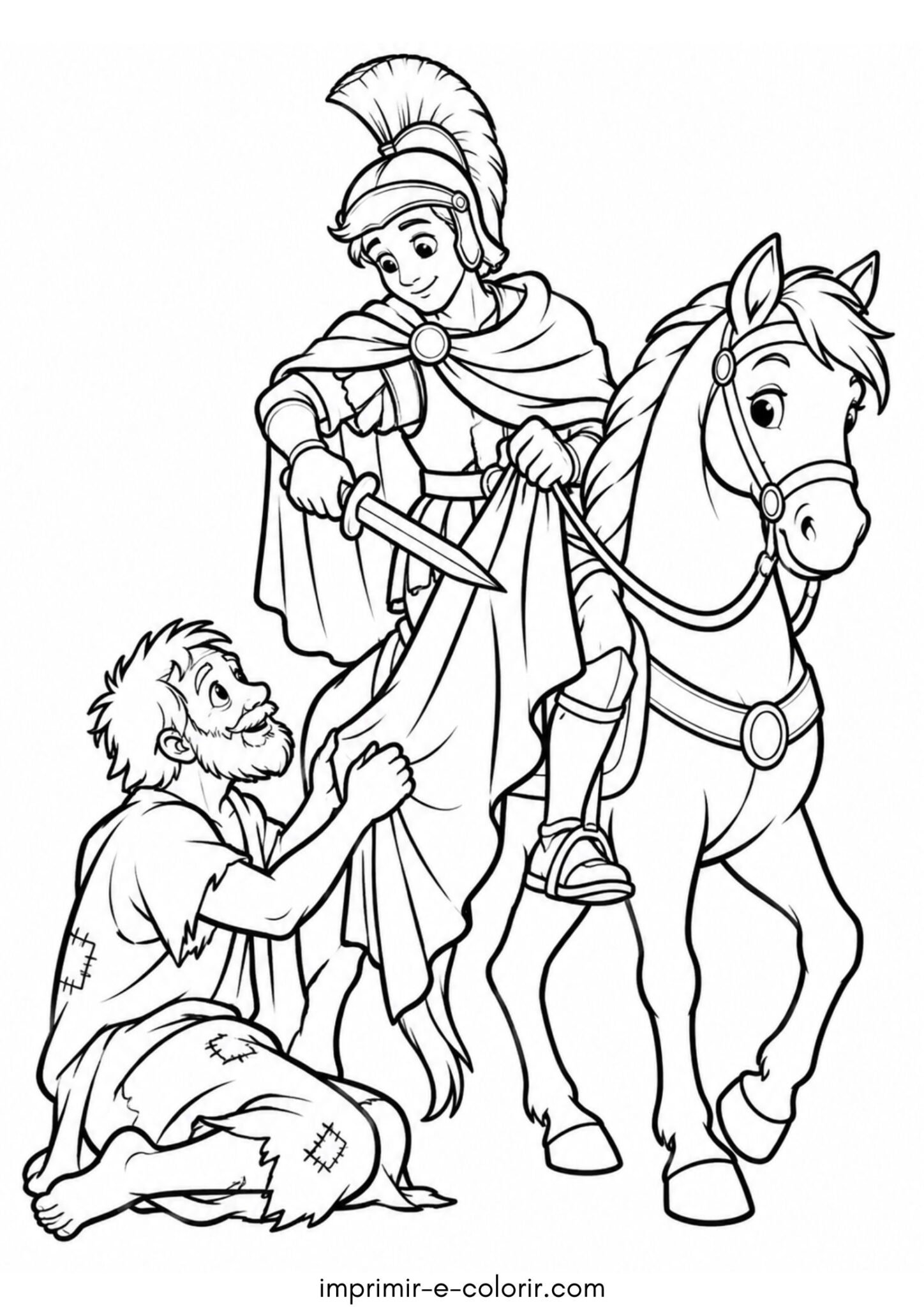 Desenho de Dia de São Martinho a cavalo cortando a capa para o mendigo