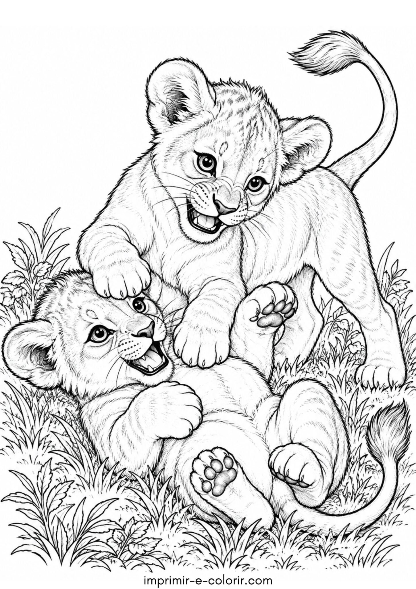Desenho de Dois filhotinhos de leão fofos brincando de lutar na relva