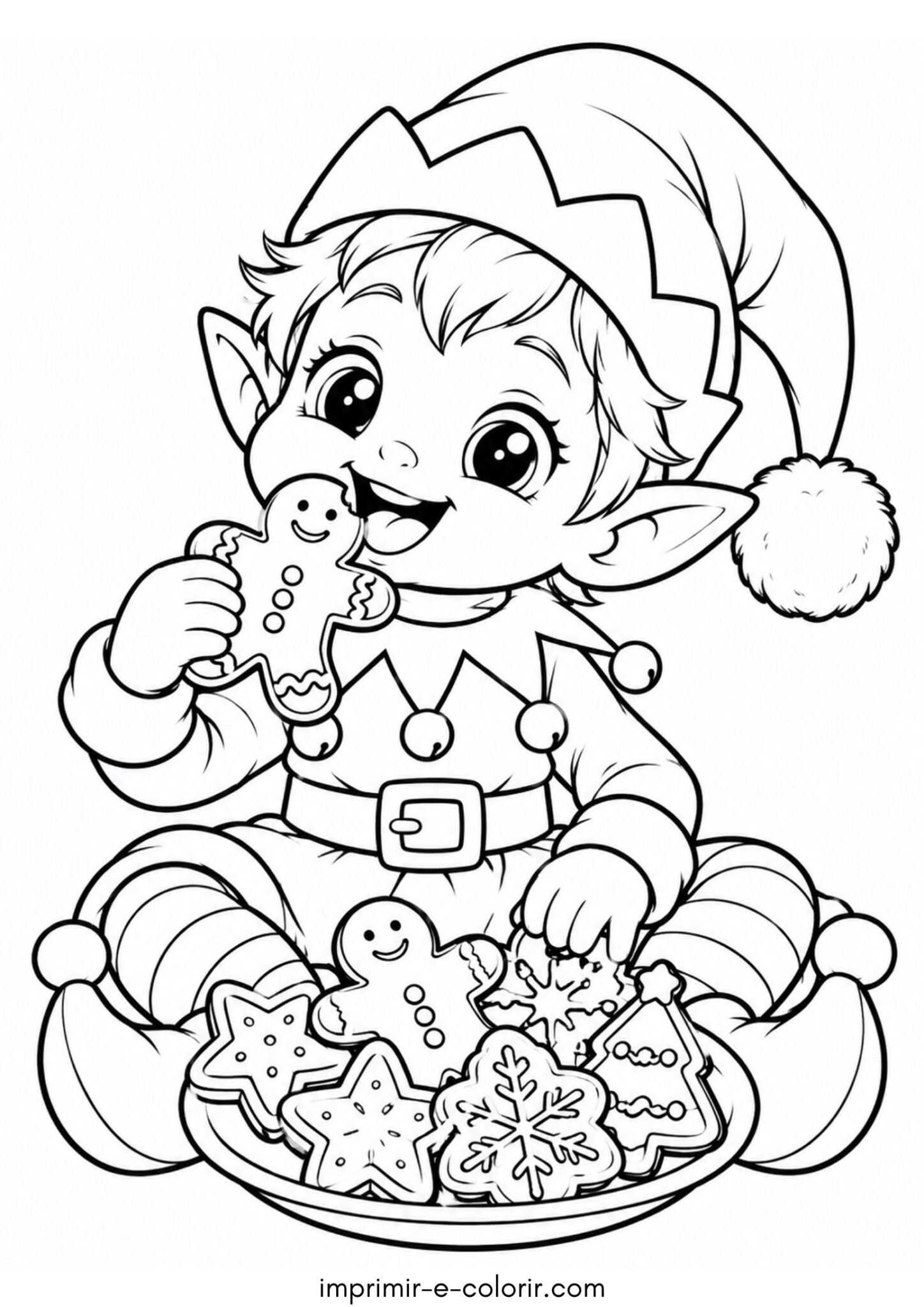 Desenho de Duende de Natal comendo biscoito de gengibre para colorir e imprimir