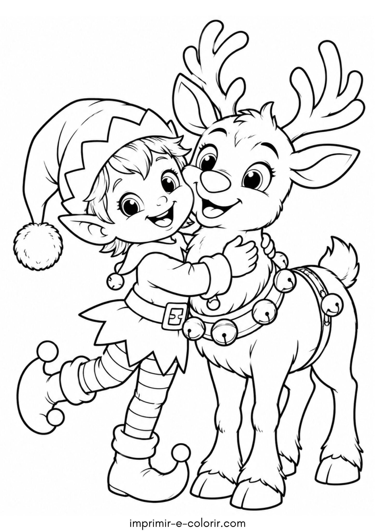 Desenho de Duende de Natal e rena para colorir e imprimir