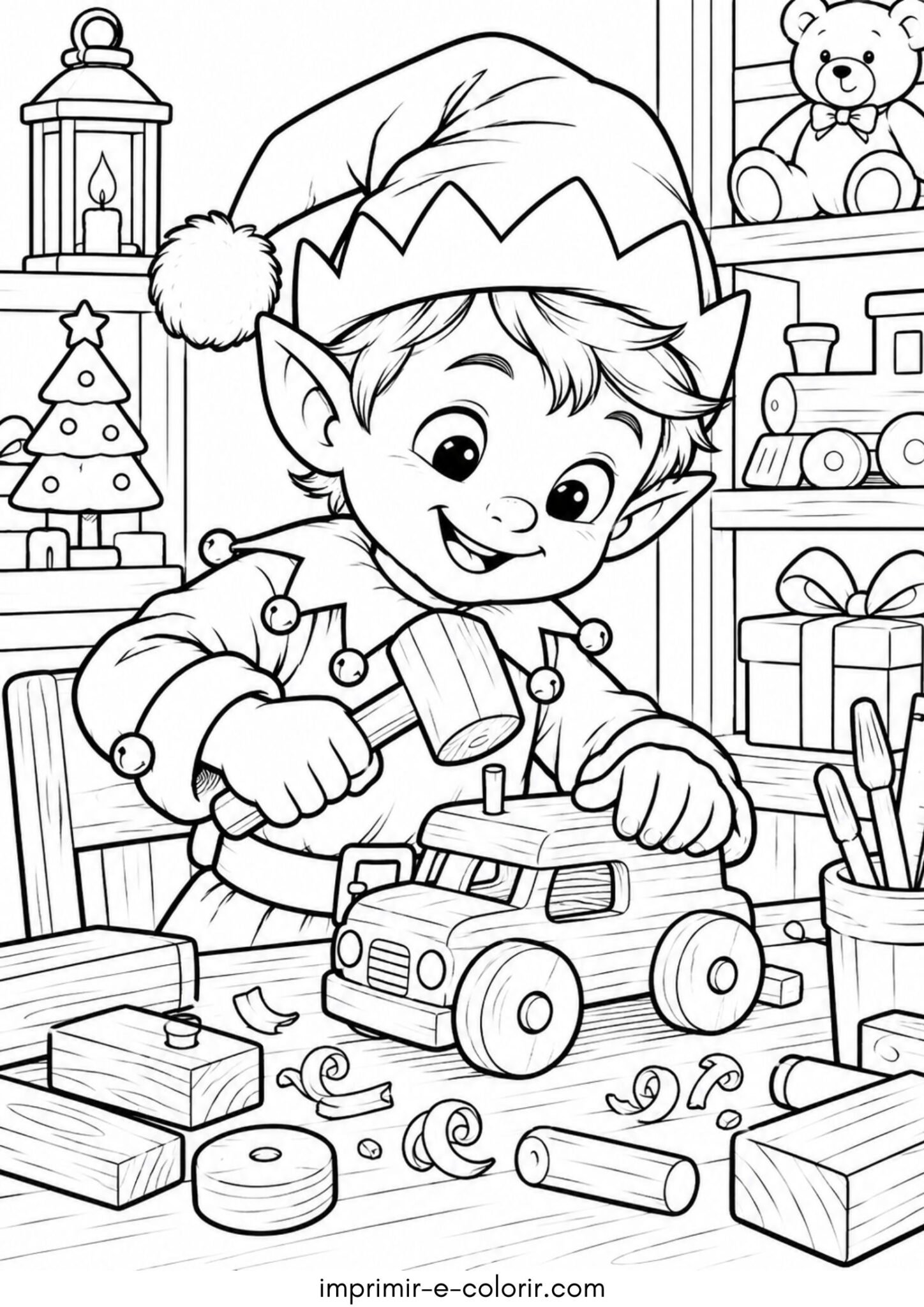 Desenho de Duende de Natal montando um carrinho de madeira na oficina de brinquedos