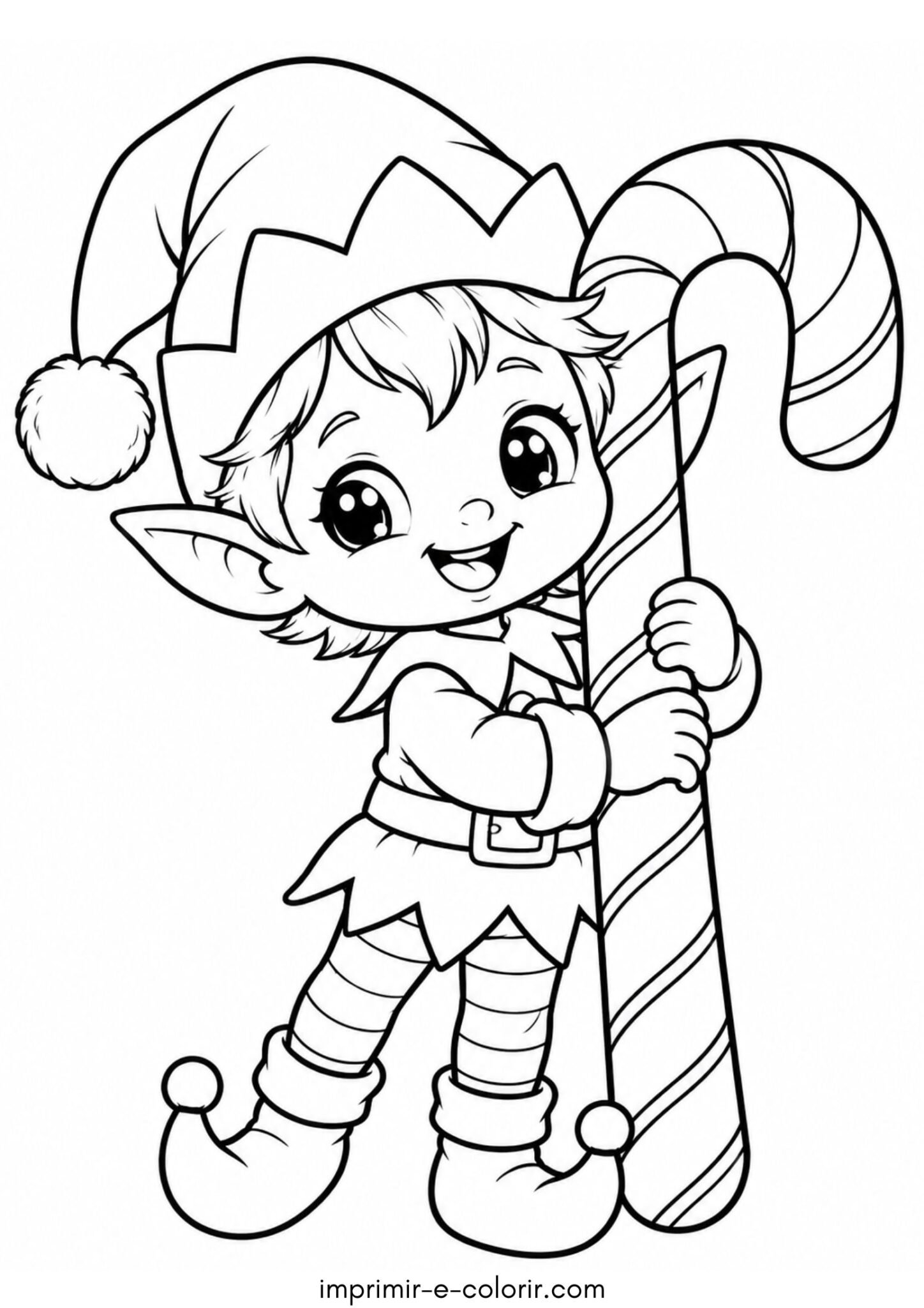 Desenho de Duende fofo estilo kawaii segurando uma bengala de açúcar listrada para colorir e imprimir