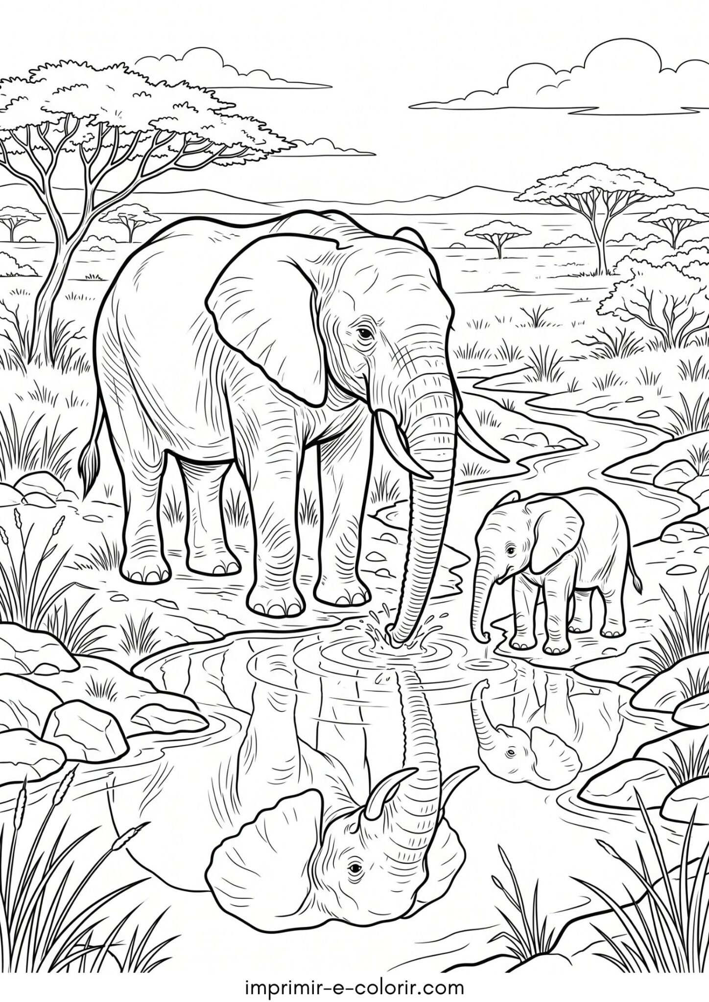 Desenho de Elefante bebendo água do riacho na savana
