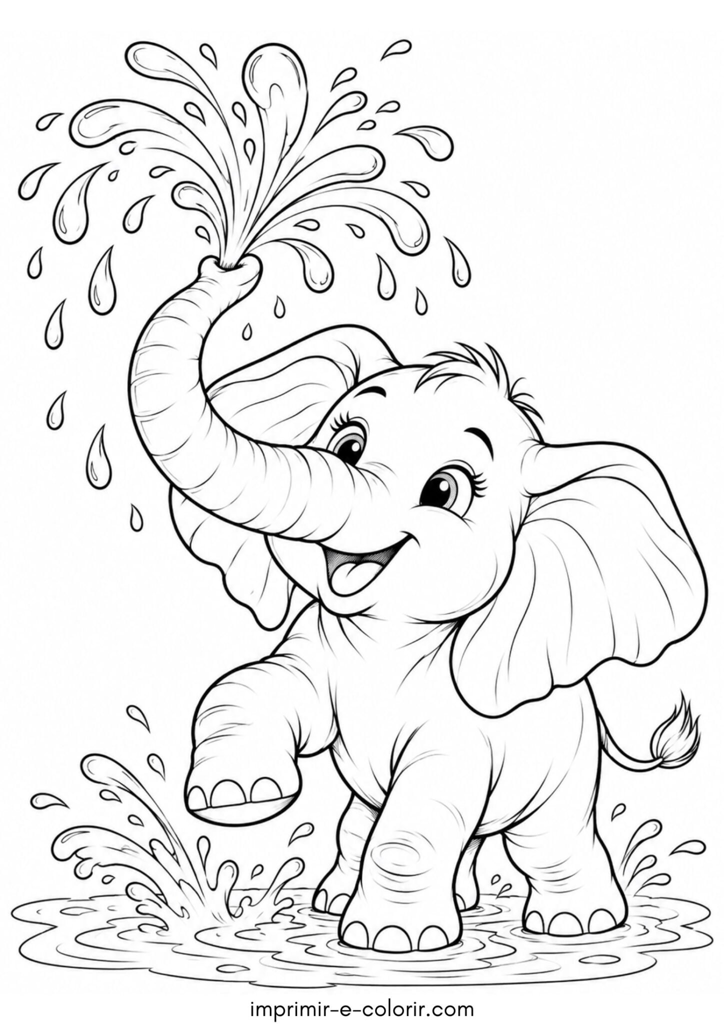 Desenho de Elefante espirrando água para cima com a tromba