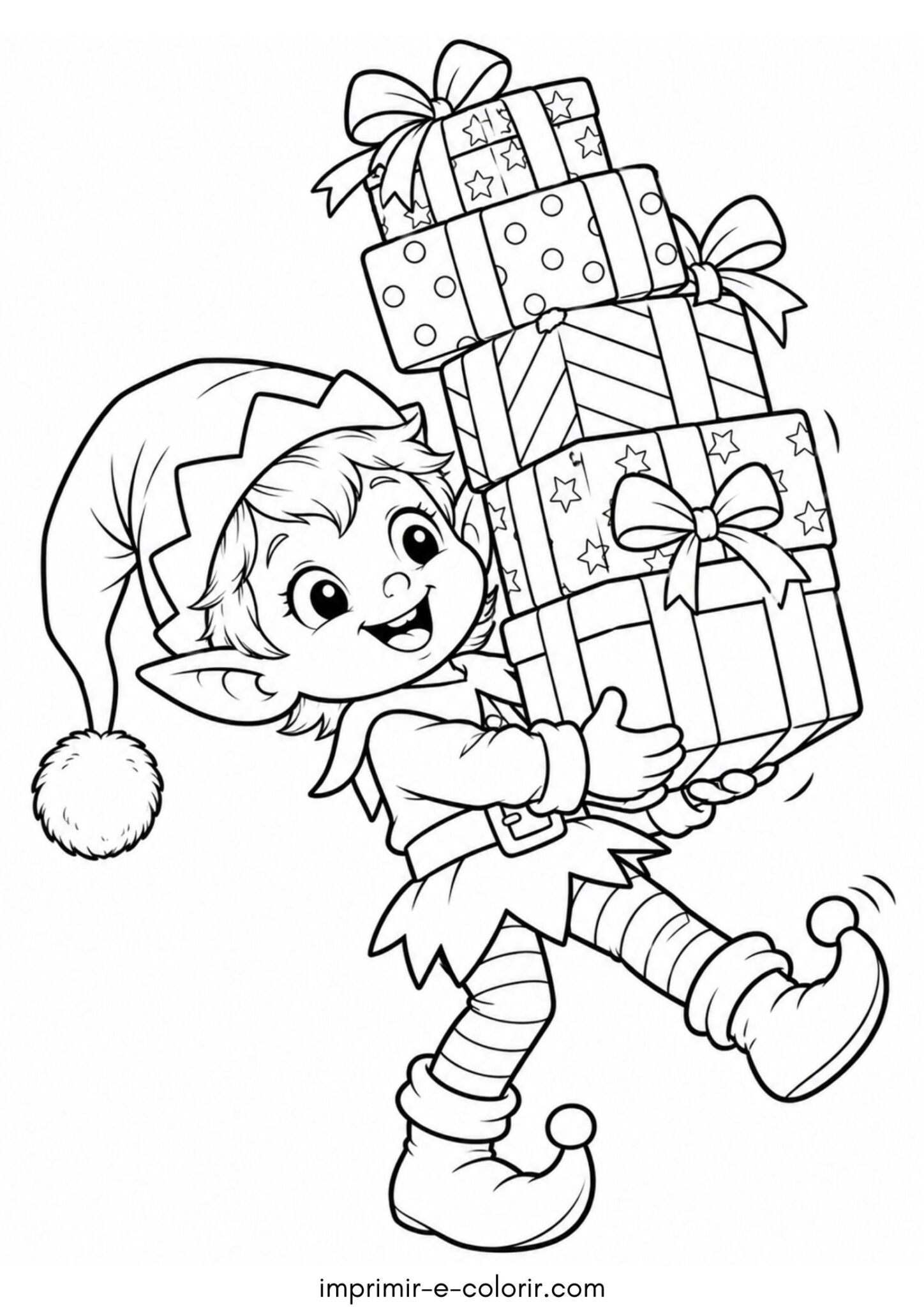 Desenho de Elfo natalino equilibrando uma pilha gigante de caixas de presentes