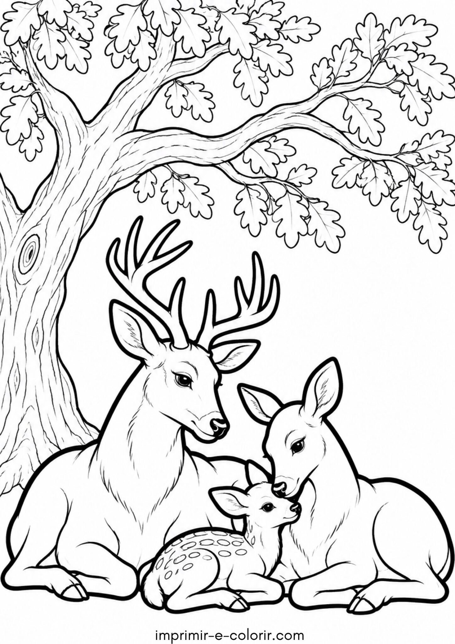 Desenho de Família de cervos descansando à sombra de um grande carvalho para colorir e imprimir