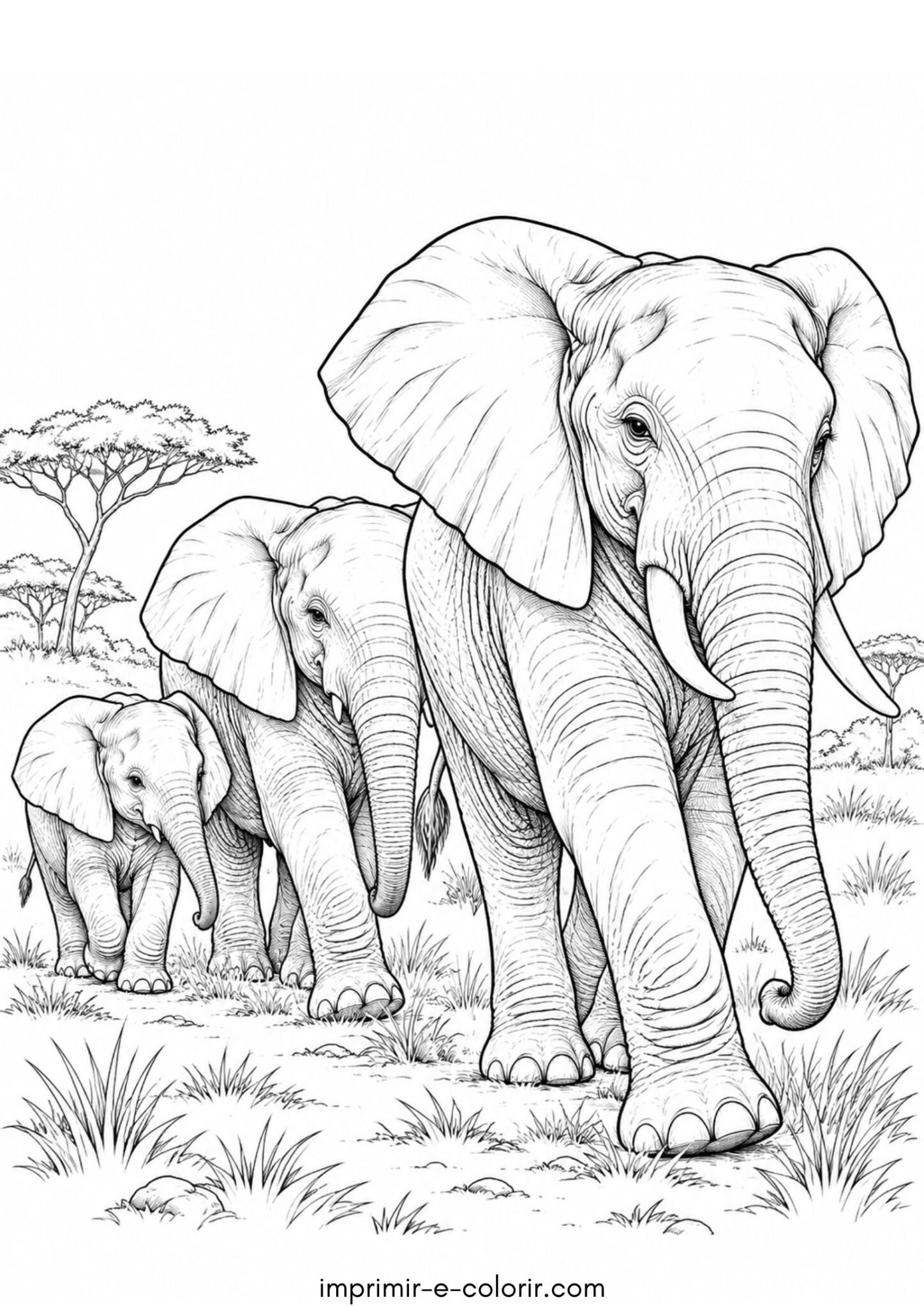 Desenho de Família de elefantes caminhando em fila na savana