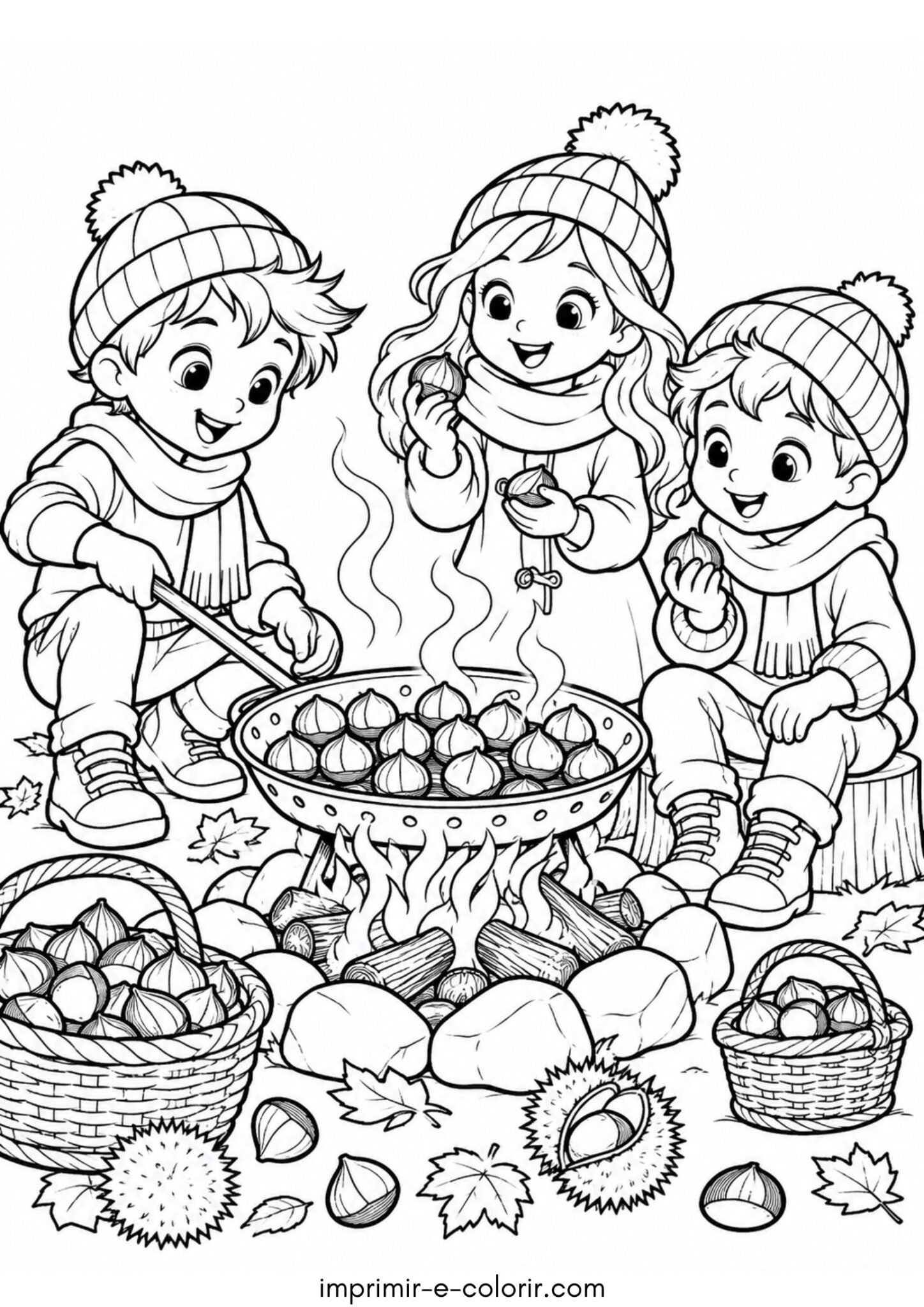 Desenho de Festa do Magusto: crianças assando castanhas na fogueira