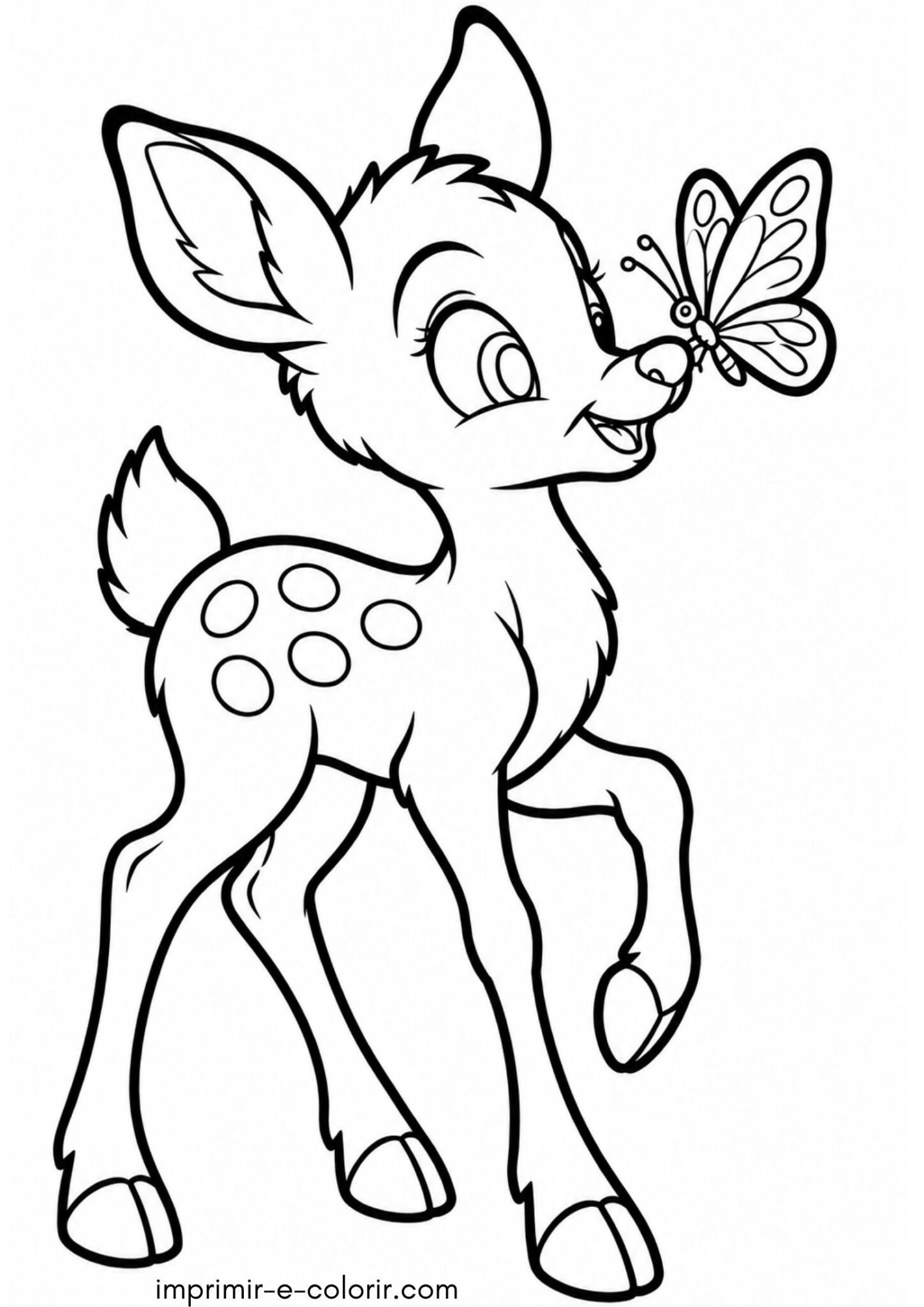 Desenho de Filhote de cervo brincando com uma borboleta no focinho