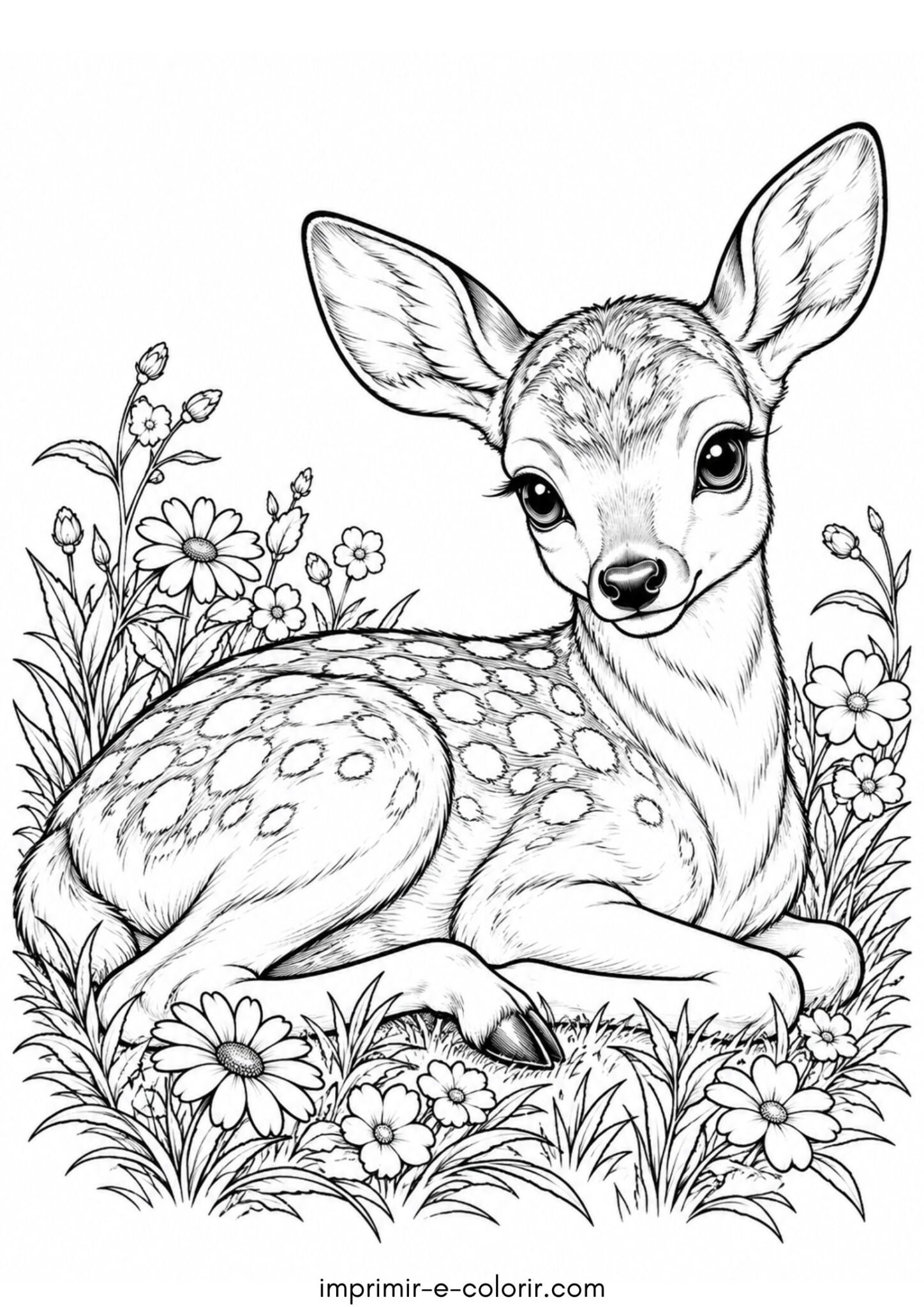 Desenho de Filhote de cervo fofo com manchinhas brancas deitado na grama