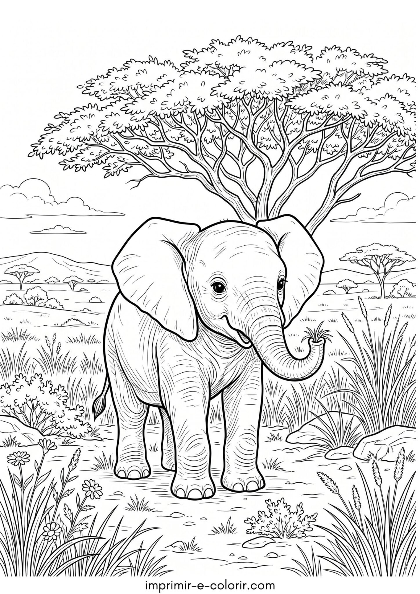 Desenho de Filhote de elefante fofo na savana