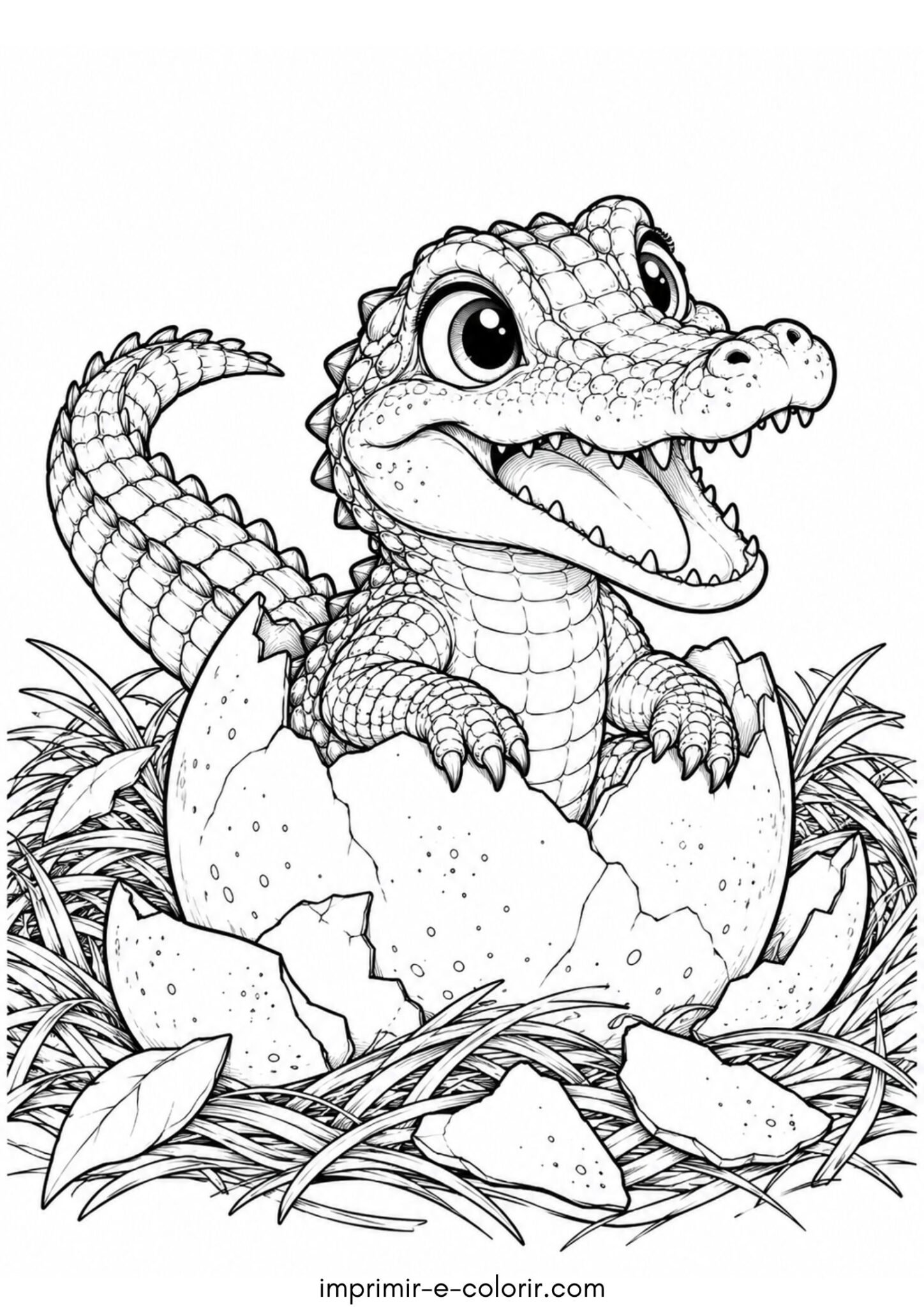 Desenho de Filhote de jacaré fofo saindo da casca do ovo no ninho para colorir e imprimir