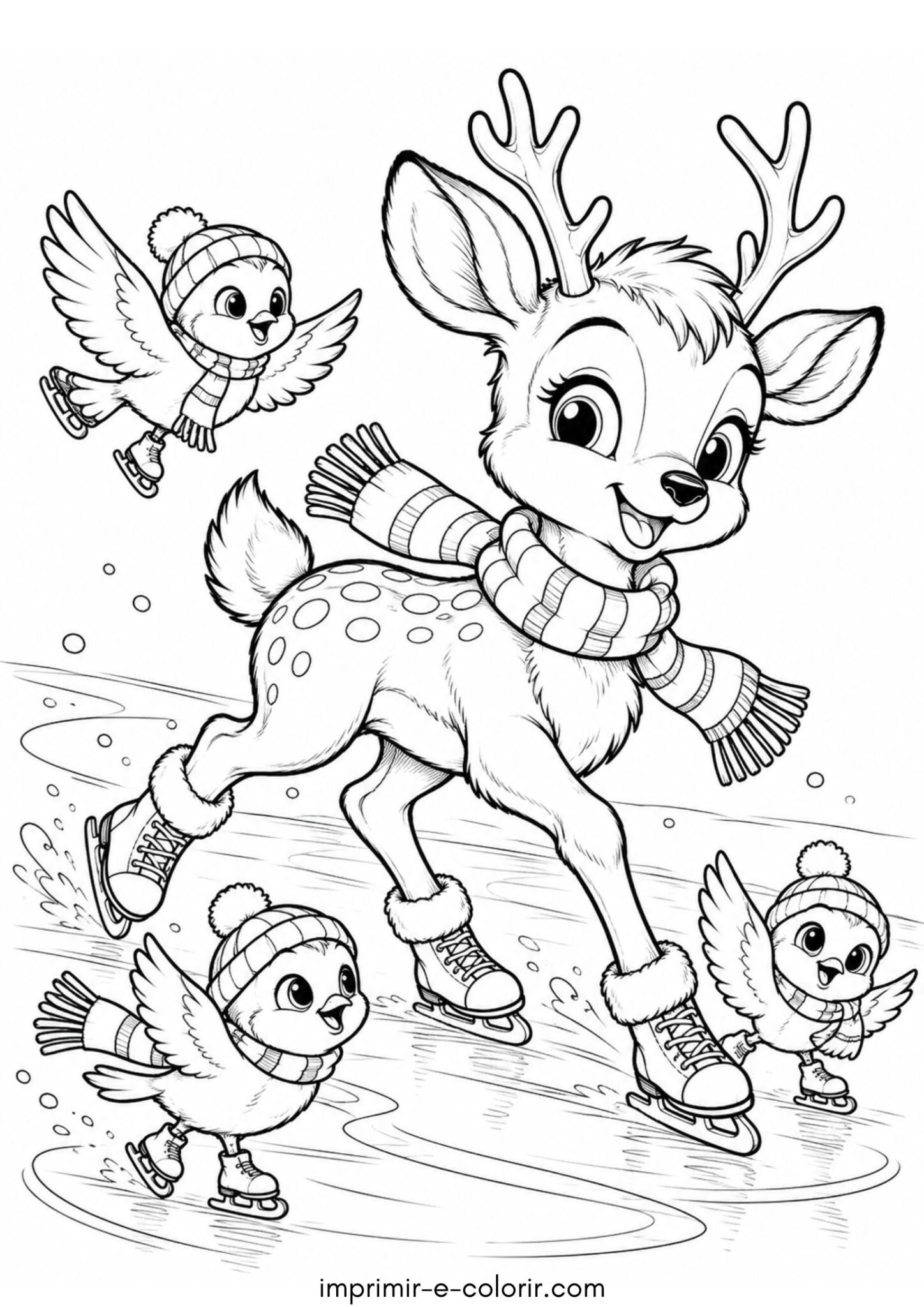 Desenho de Filhote de rena escorregando no gelo com passarinhos de inverno