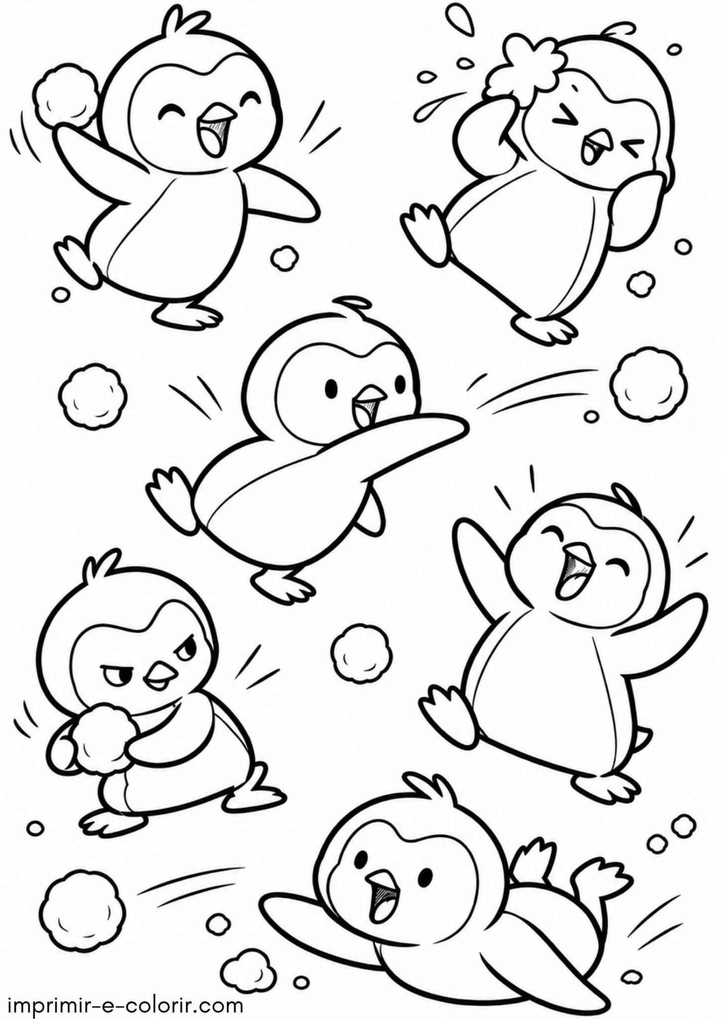 Desenho de Filhotes de pinguim brincando de guerra de neve para colorir e imprimir