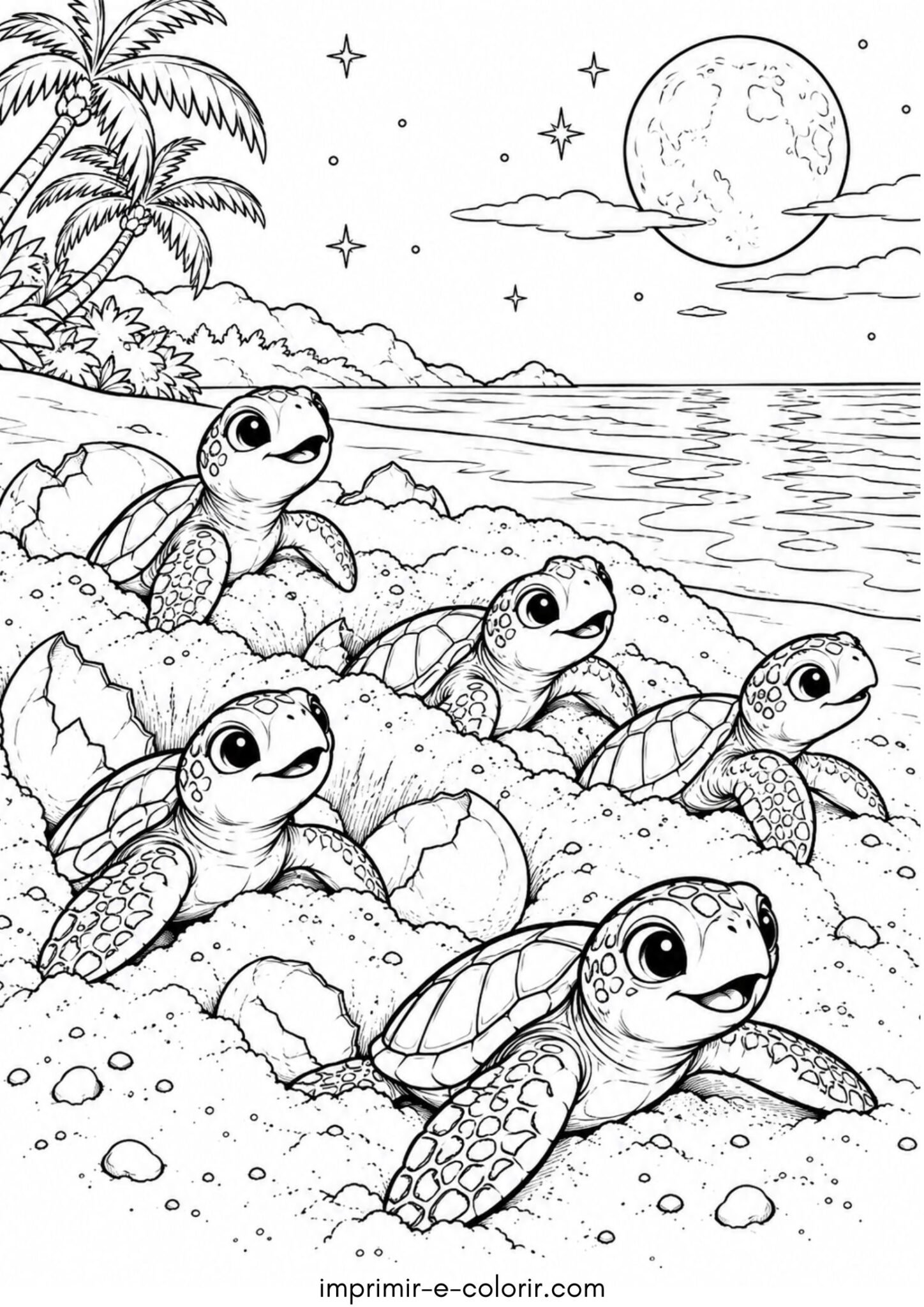 Desenho de Filhotes de tartaruga marinha nascendo do ninho de areia na praia à noite sob o luar