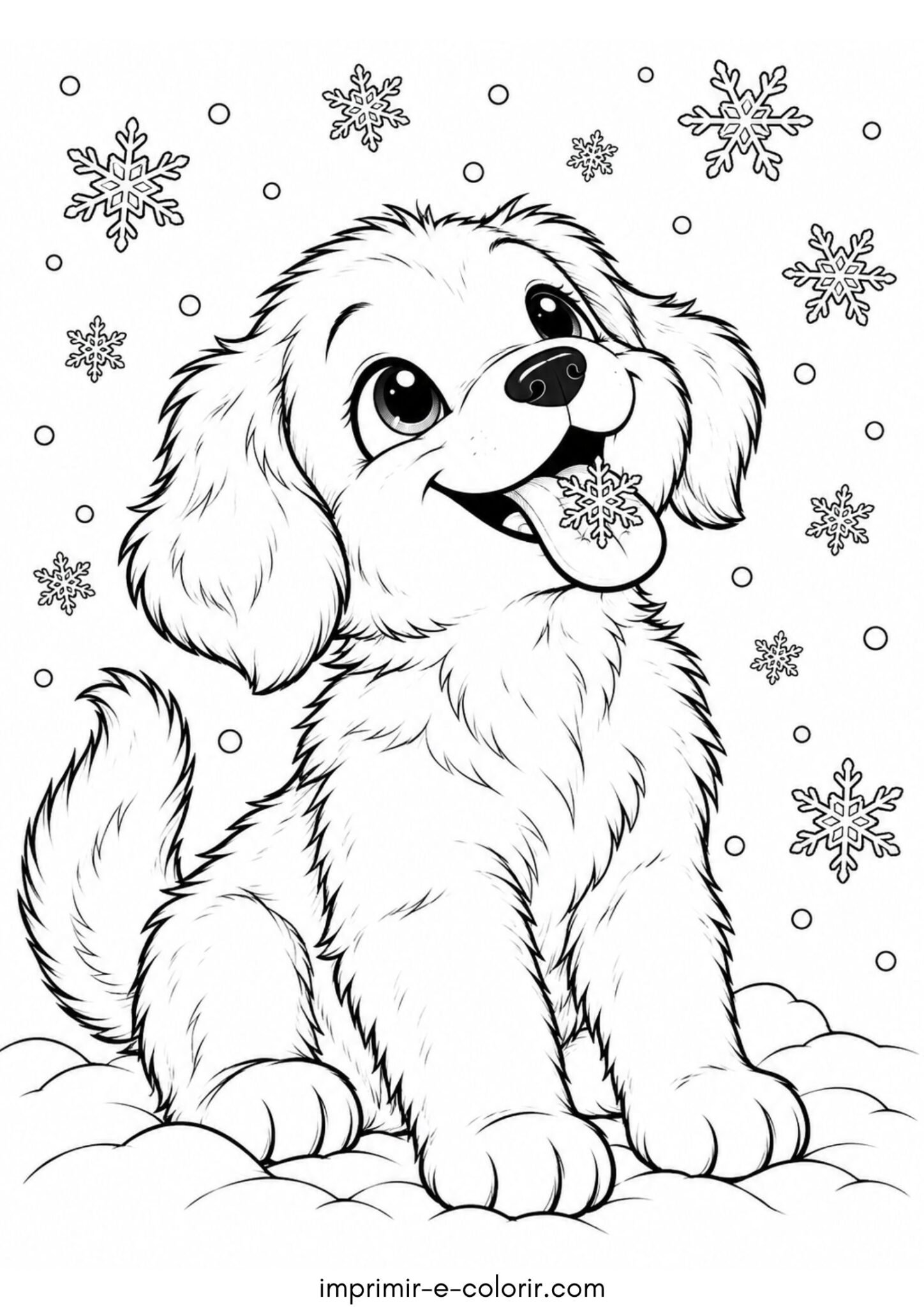 Desenho de Floco de neve caindo na língua de um cachorrinho feliz para colorir e imprimir