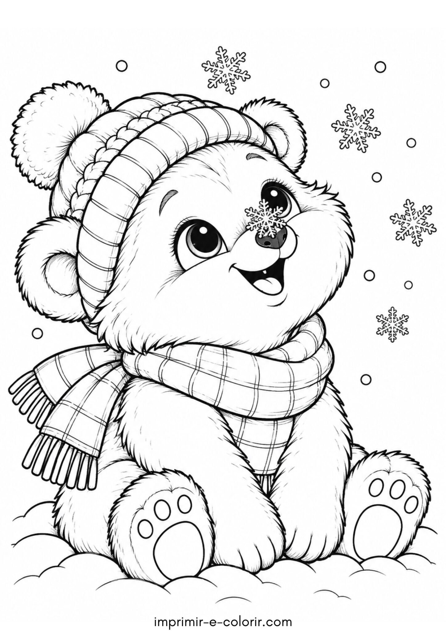 Desenho de Floco de neve pousado na ponta do nariz de um ursinho fofo