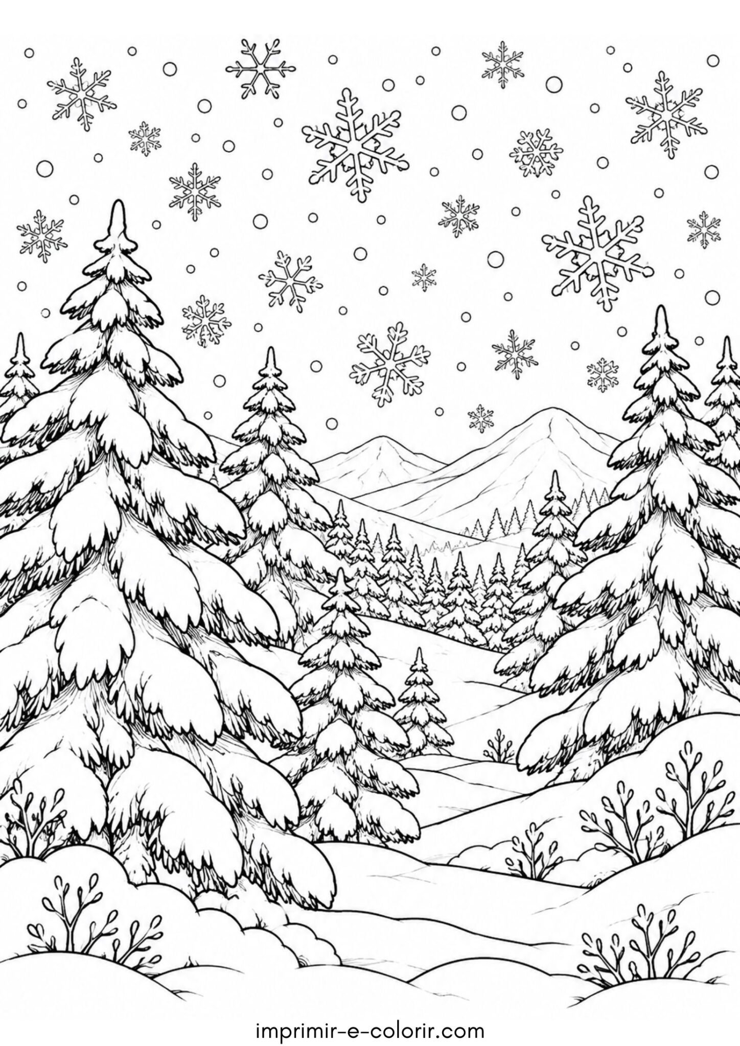 Desenho de Flocos de neve caindo sobre uma floresta de pinheiros nevados