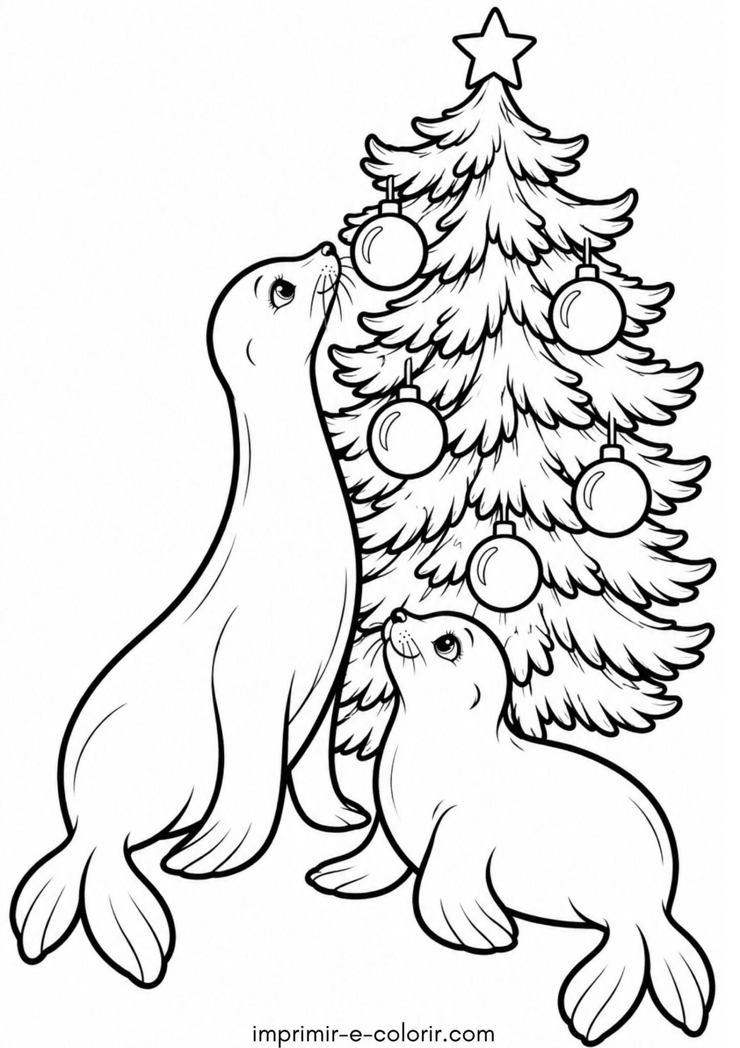 Desenho de Focas fofas perto da árvore de Natal