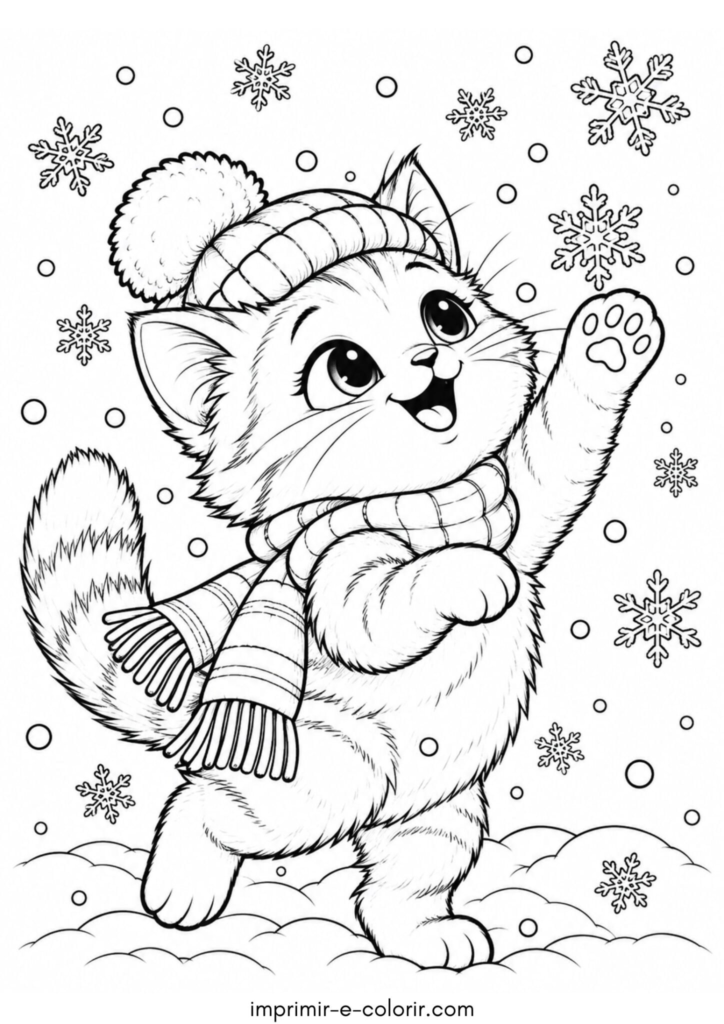 Desenho de Gatinho tentando pegar flocos de neve caindo