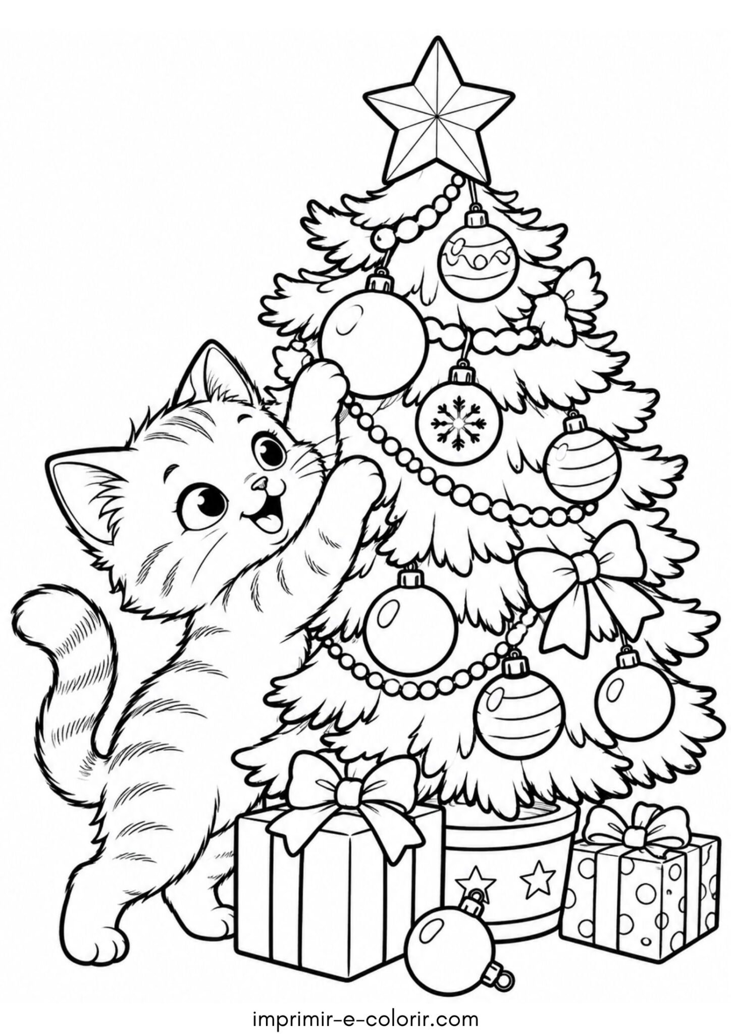 Desenho de Gatinho travesso brincando com as bolas da árvore de Natal