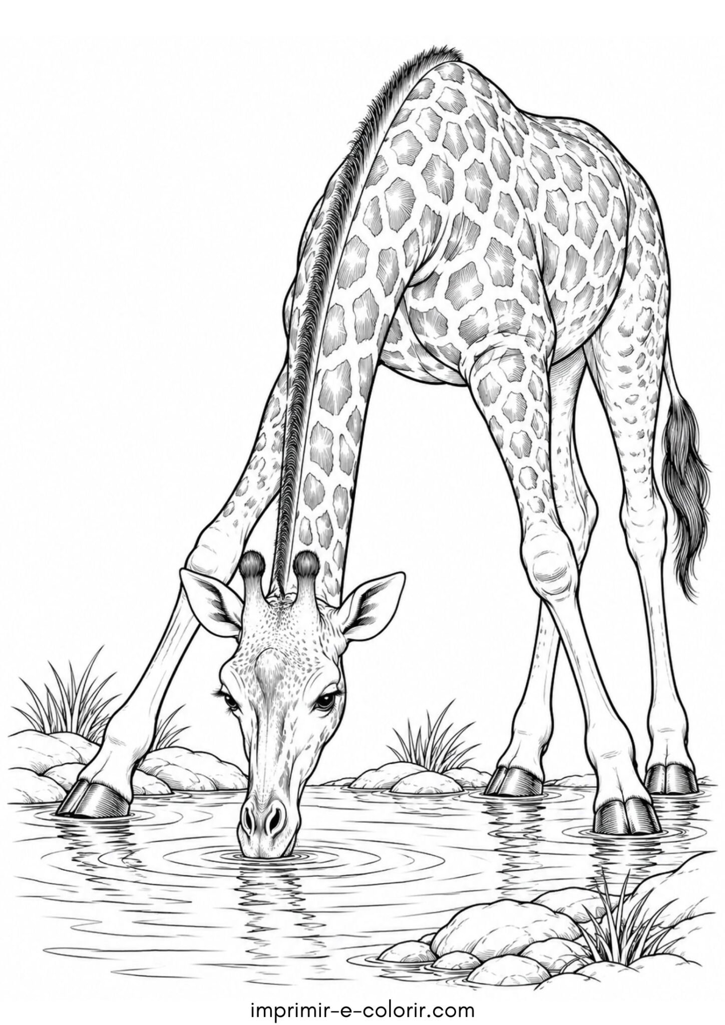 Desenho de Girafa bebendo água no rio