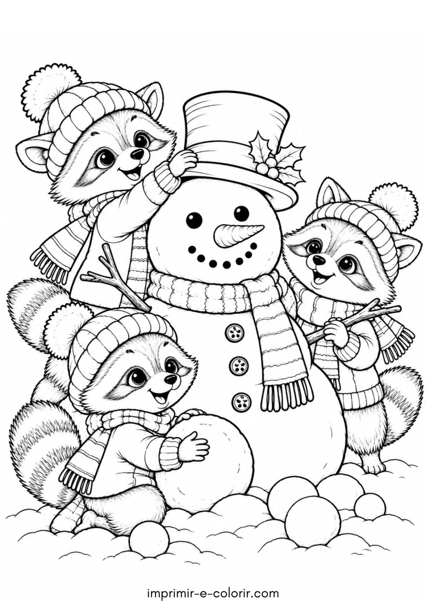 Desenho de Guaxinins montando um boneco de neve