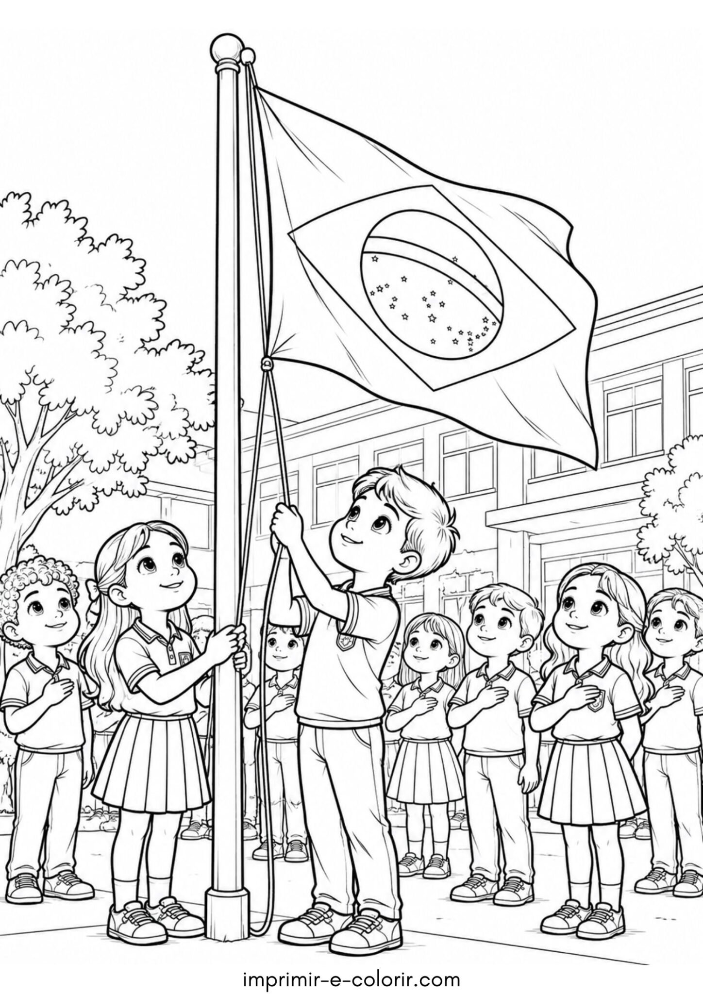 Desenho de Hasteamento solene da bandeira do Brasil na escola