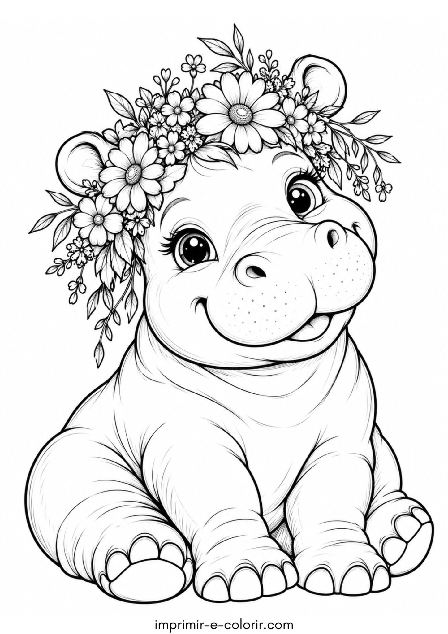 Desenho de Hipopótamo com coroa de flores na cabeça estilo boho