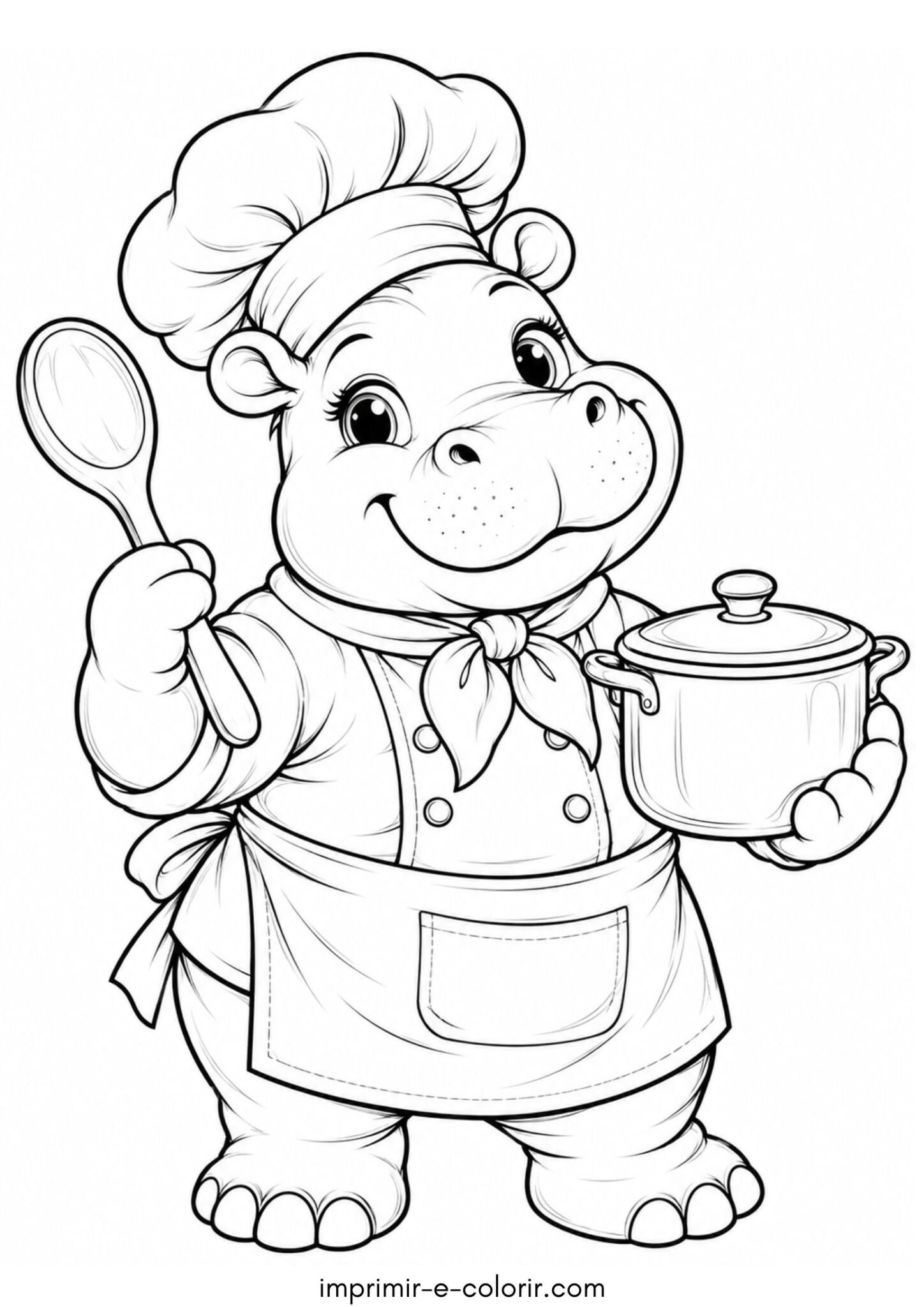 Desenho de Hipopótamo cozinheiro com chapéu de chef para colorir e imprimir