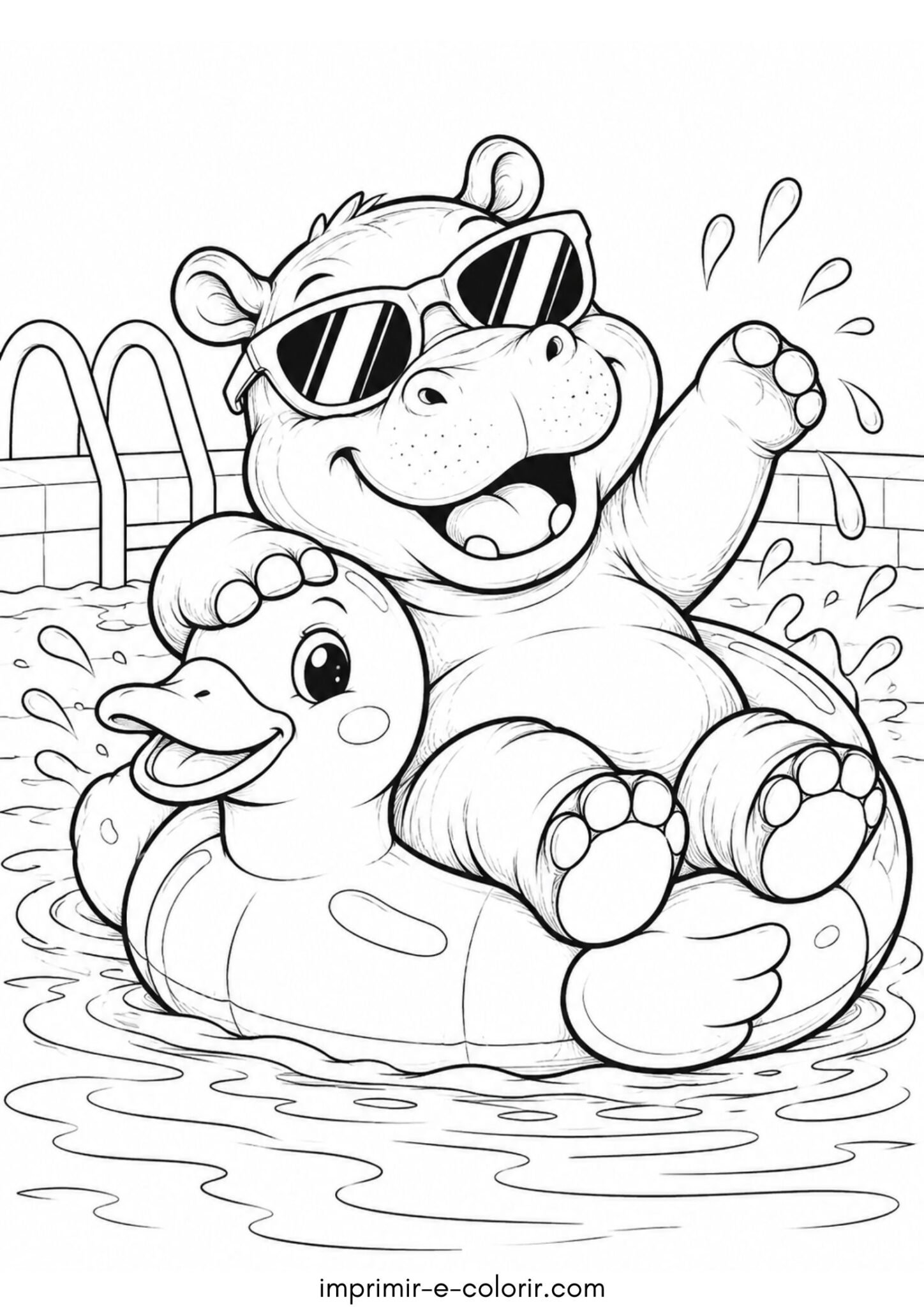 Desenho de Hipopótamo engraçado de boia de patinho e óculos de sol na piscina
