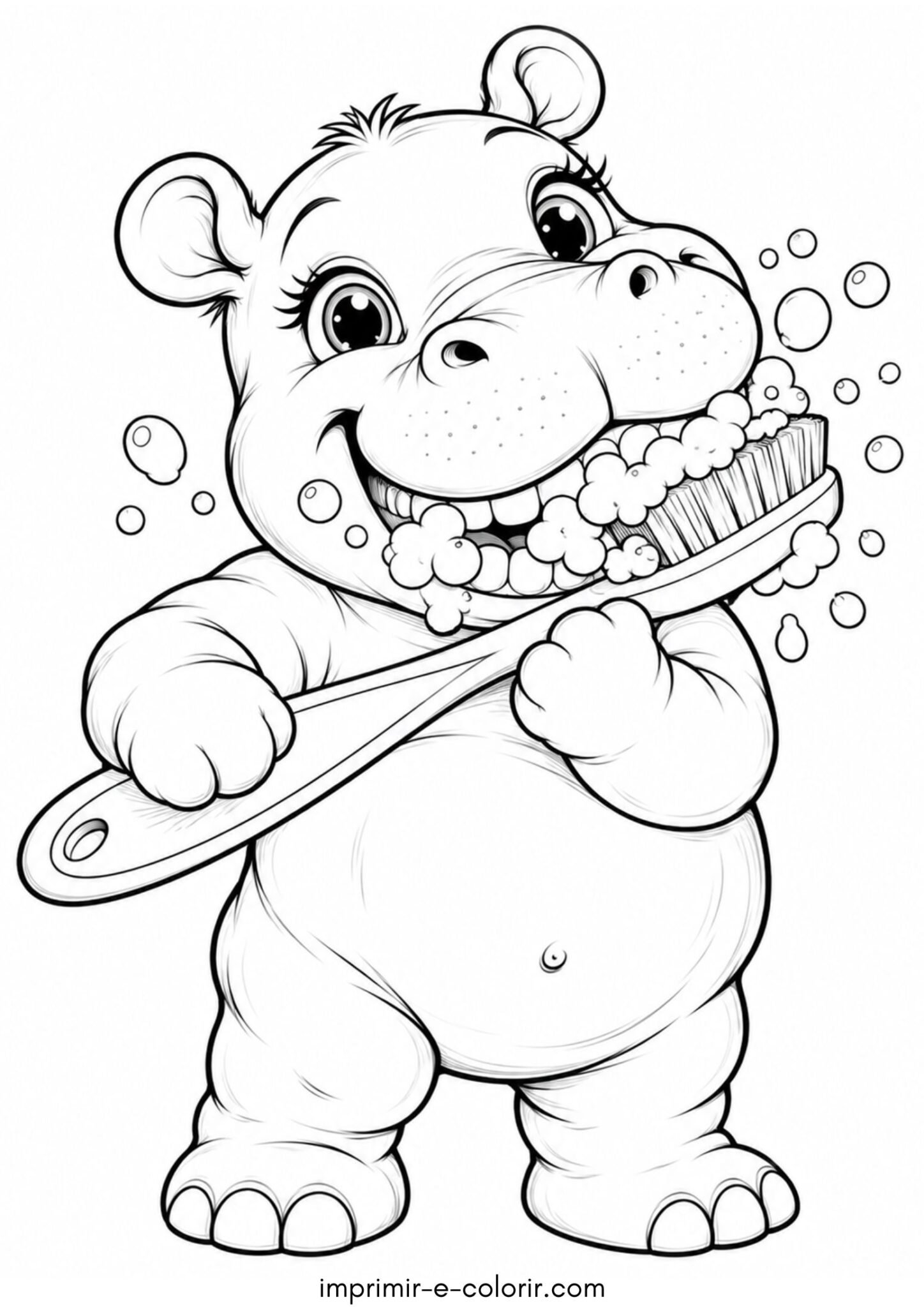 Desenho de Hipopótamo escovando os dentes com escova gigante
