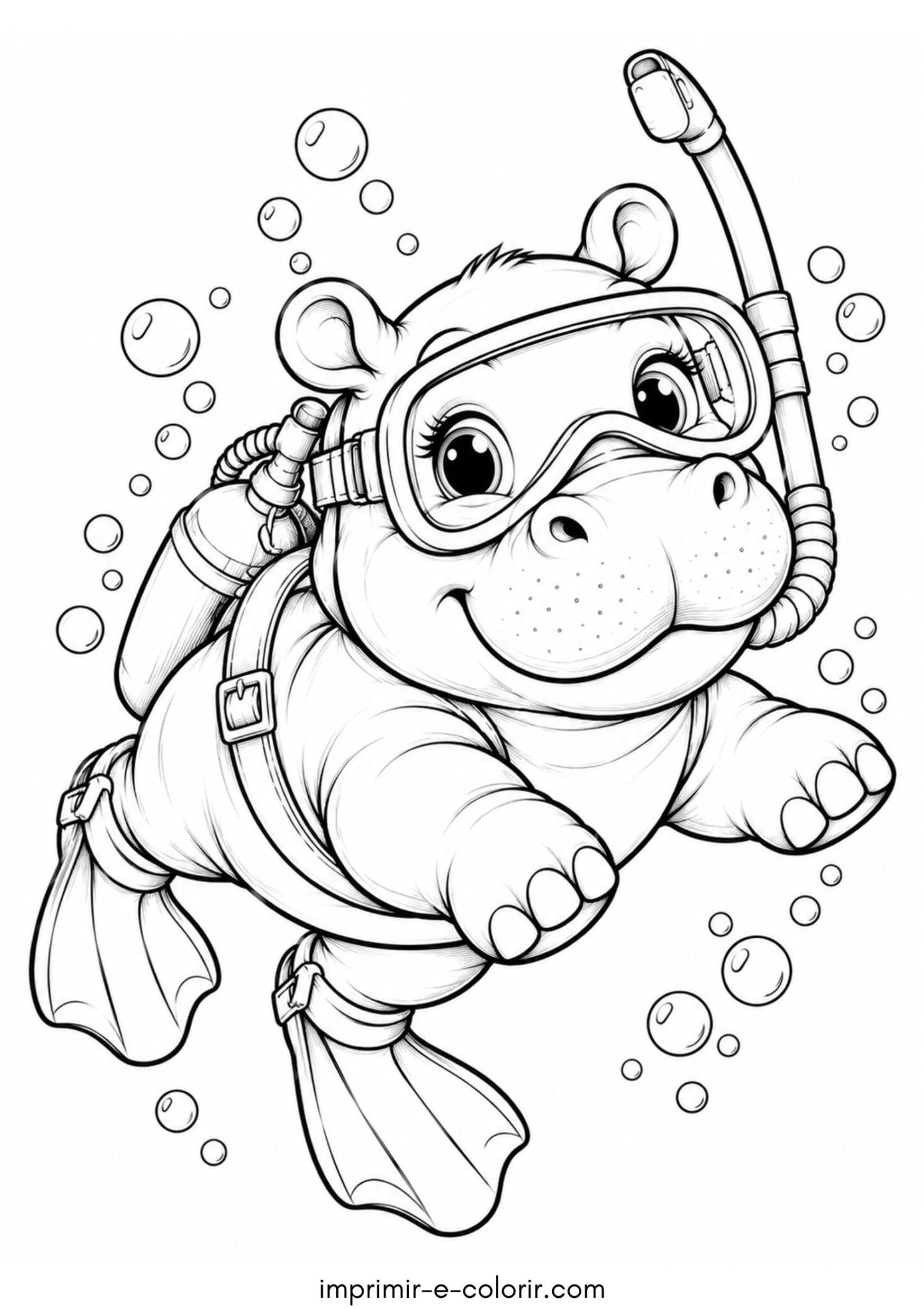 Desenho de Hipopótamo mergulhador com máscara e snorkel