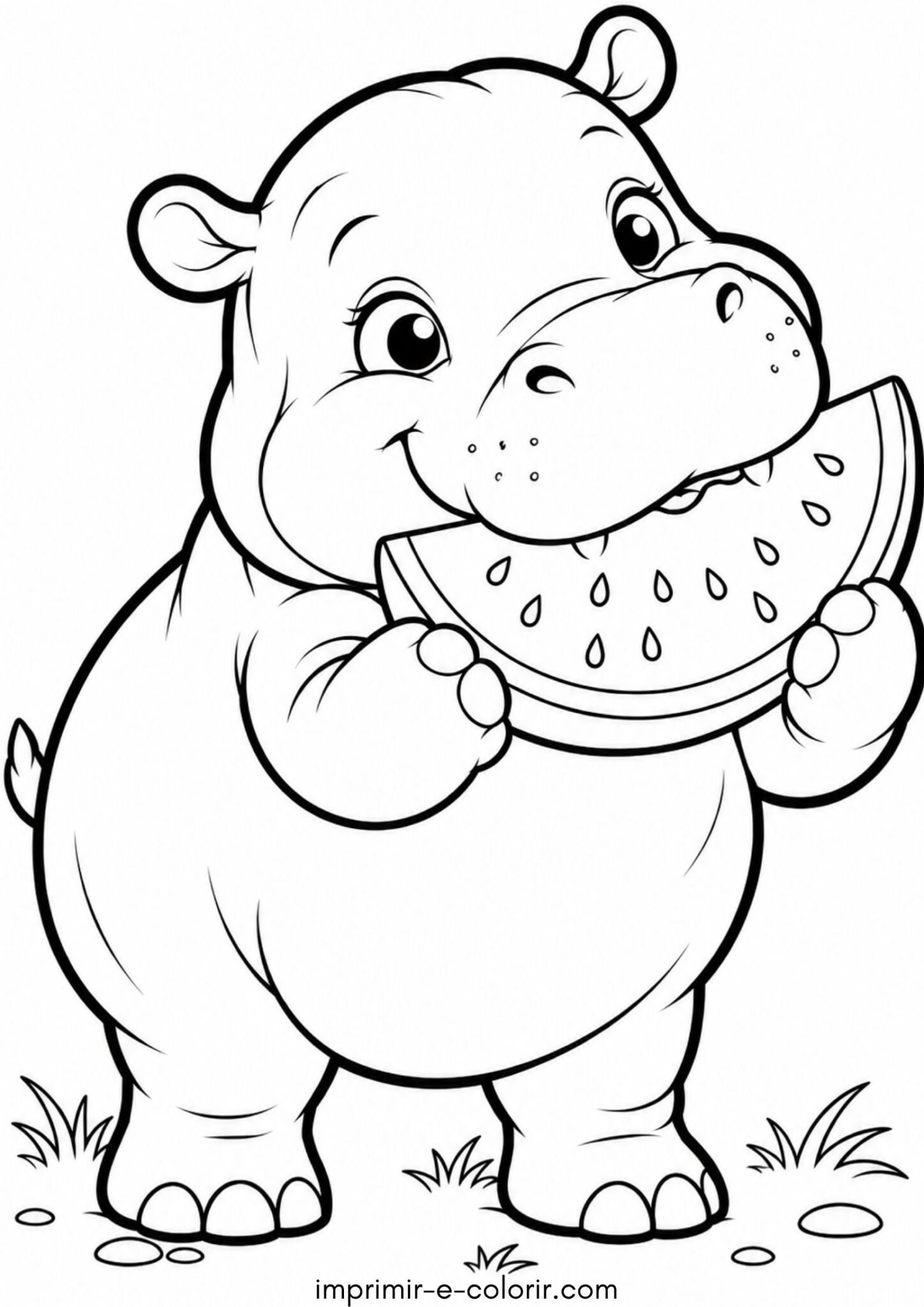 Desenho de Hipopotamozinho comendo fatia de melancia para colorir e imprimir