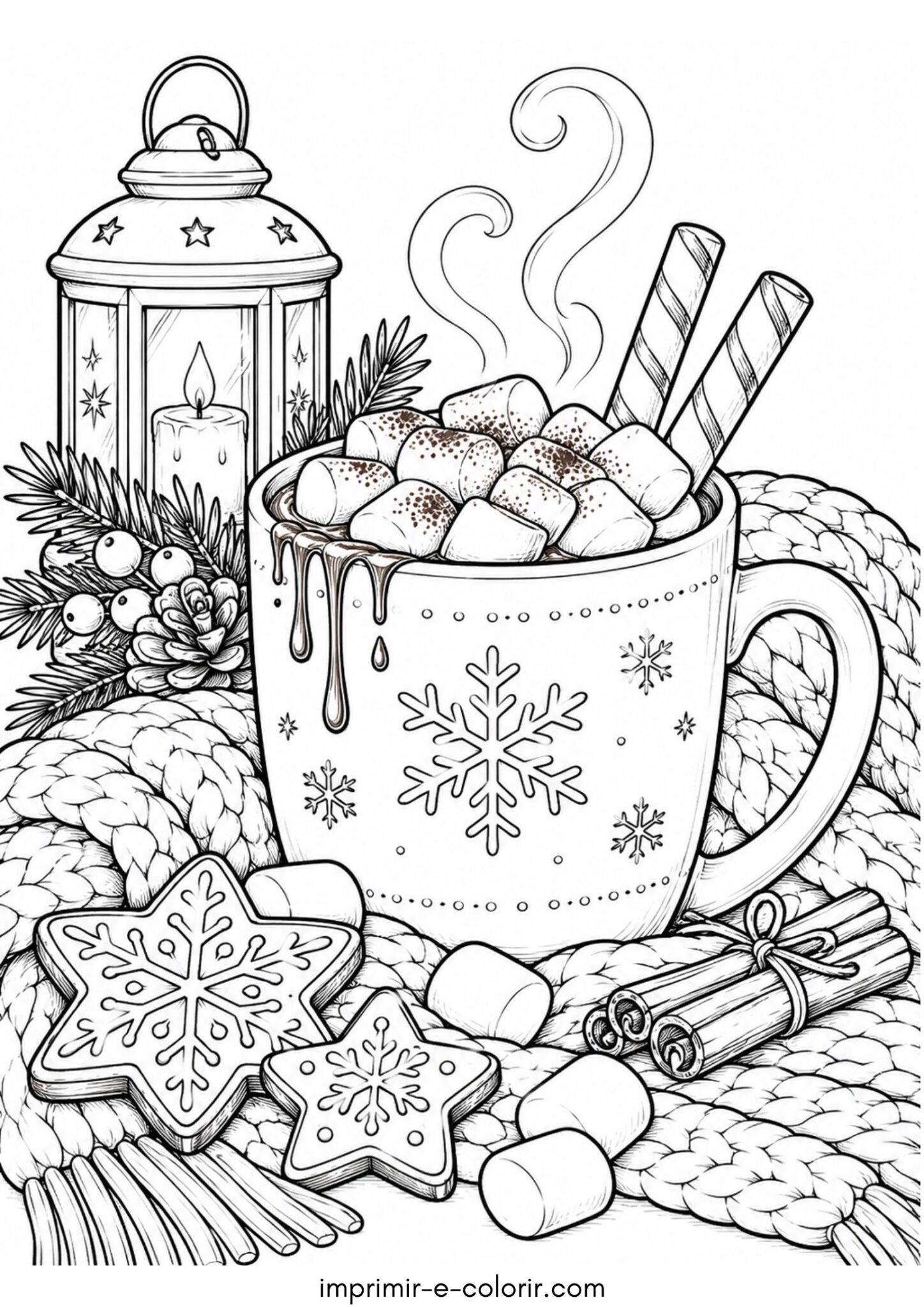 Desenho de Inverno aconchegante com xícara de chocolate quente para colorir e imprimir