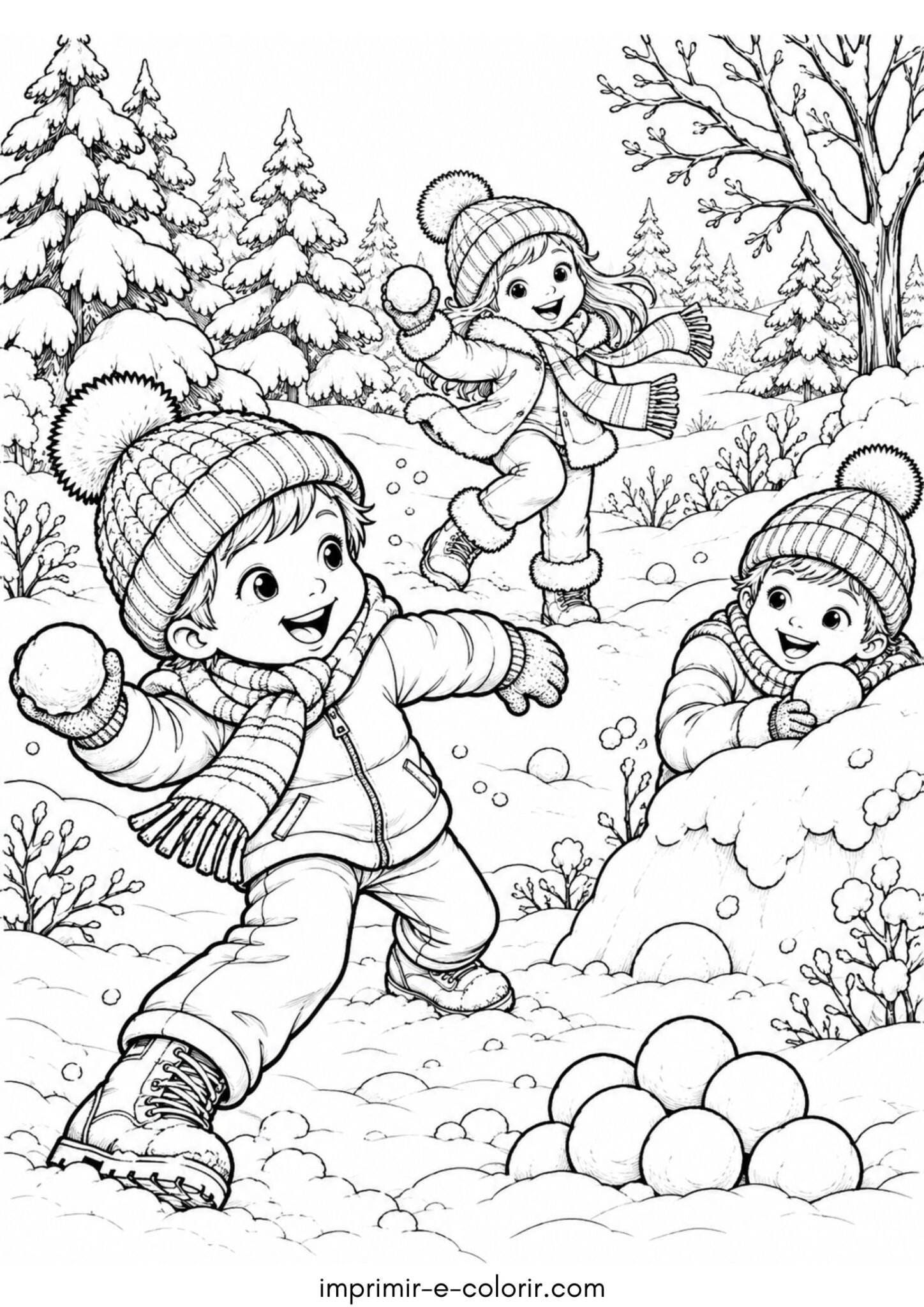 Desenho de Inverno divertido: batalha com bolas de neve no parque
