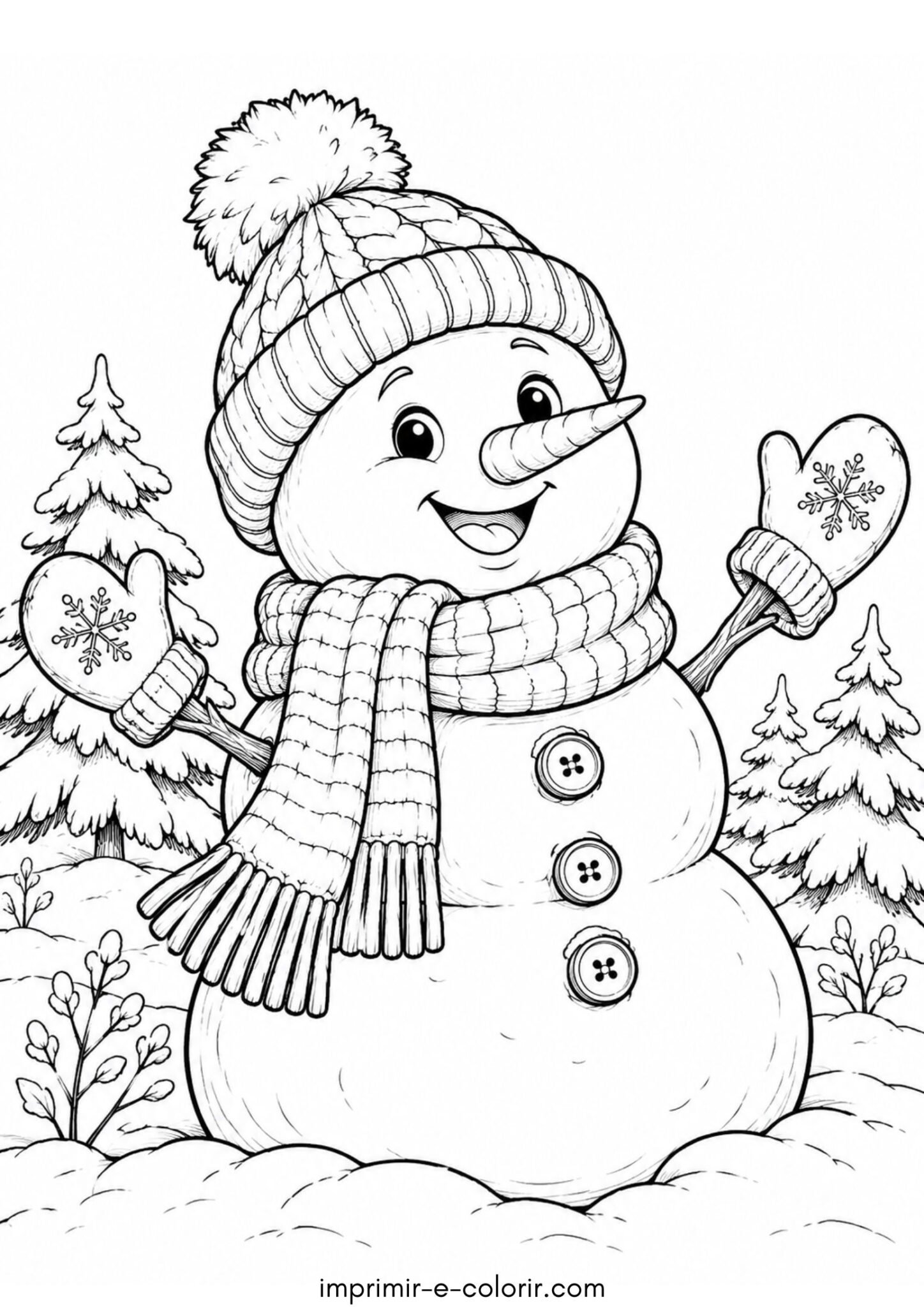 Desenho de Inverno e boneco de neve sorridente com cachecol