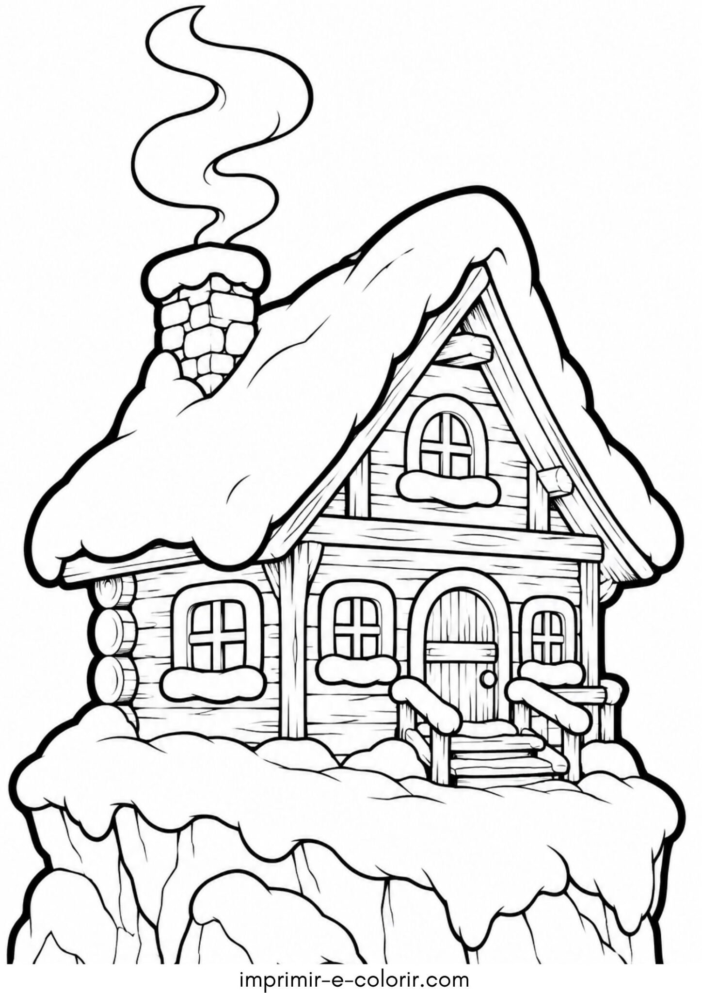 Desenho de Inverno e casinha de madeira na montanha nevada