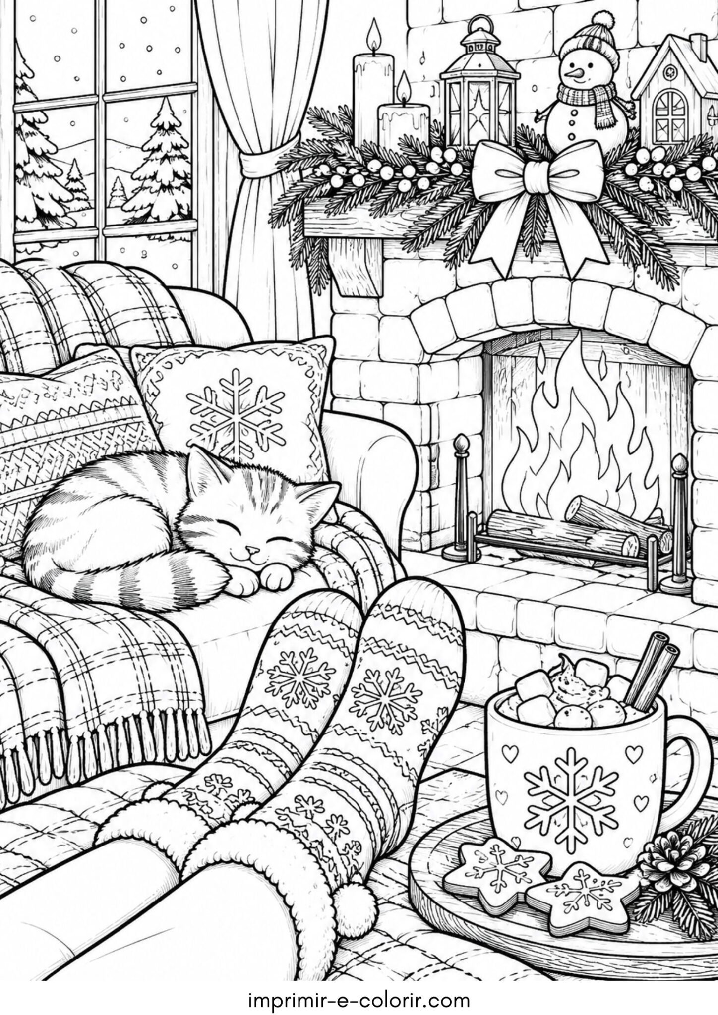 Desenho de Inverno e lareira acesa na sala de estar