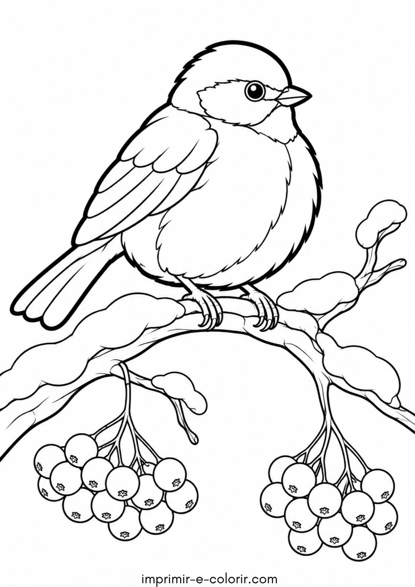 Desenho de Inverno e passarinho empoleirado no galho com neve para colorir e imprimir