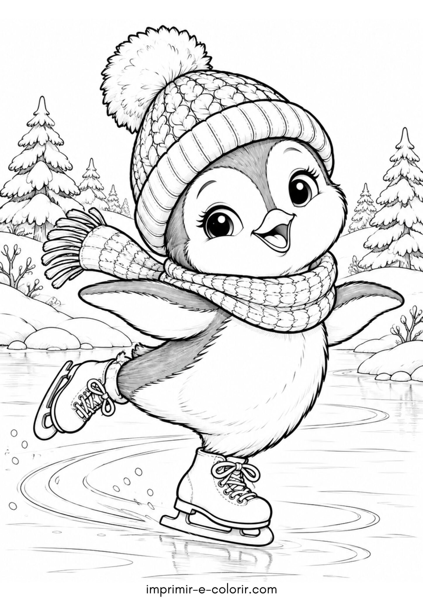 Desenho de Inverno fofo: pinguim de gorro e patins no gelo para colorir e imprimir