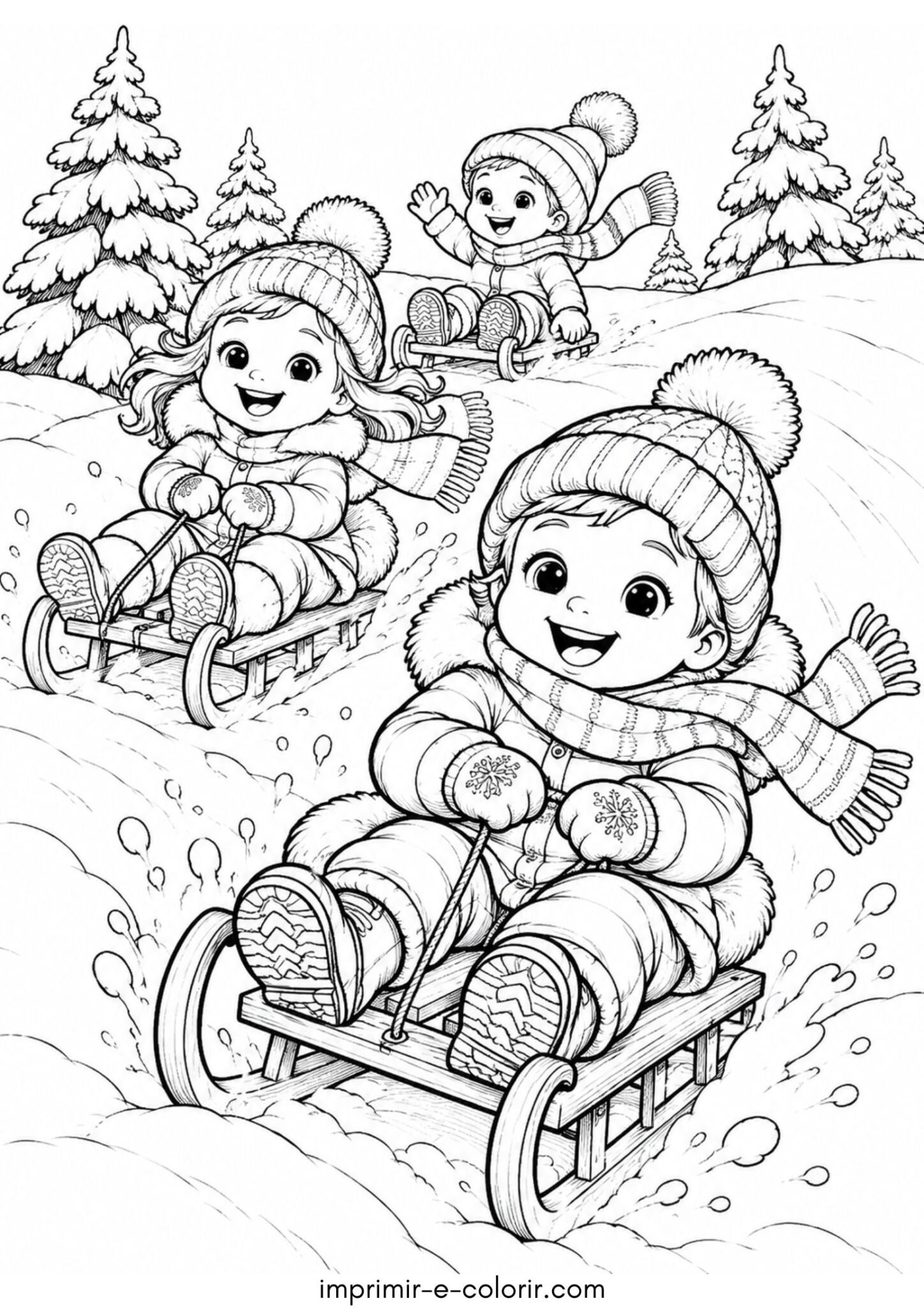 Desenho de Inverno infantil: crianças brincando de trenó na colina