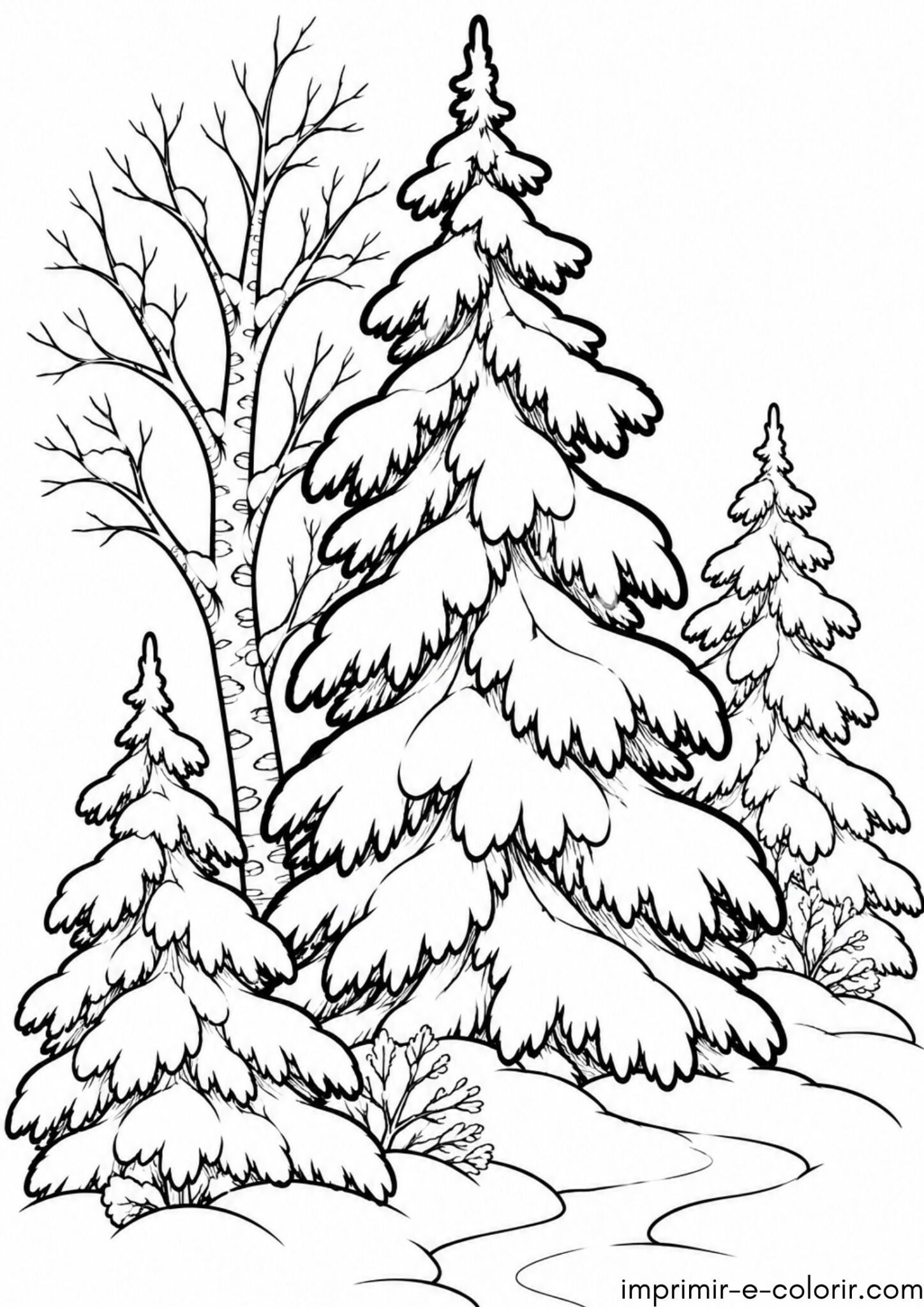 Desenho de Inverno na floresta para colorir e imprimir