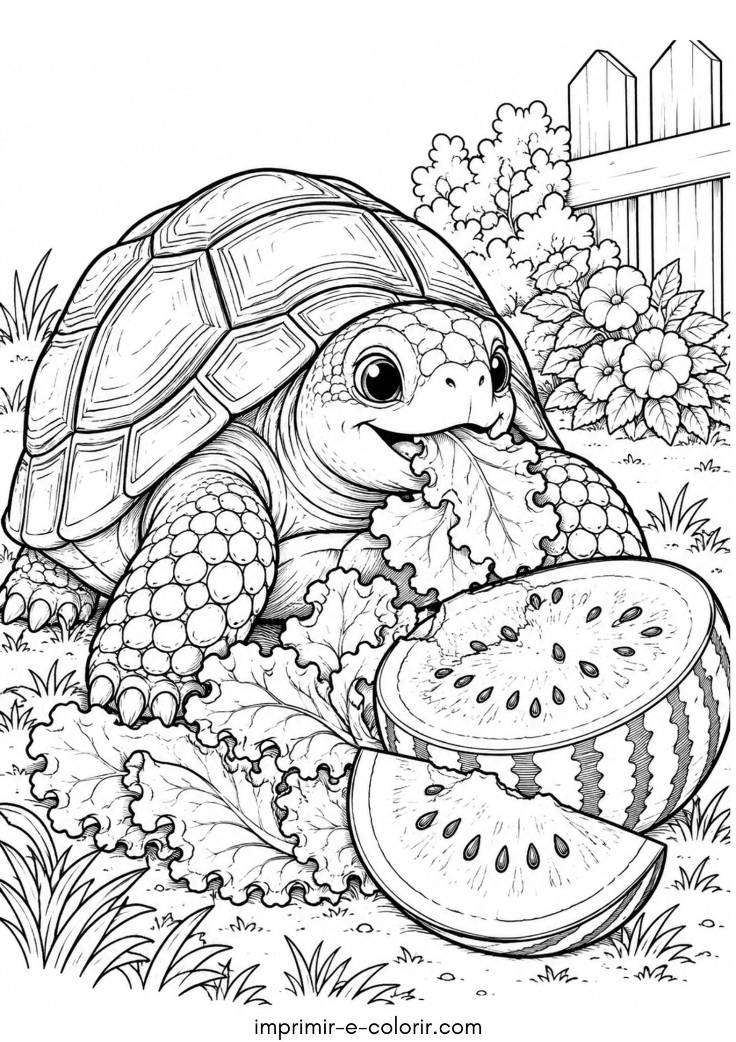 Desenho de Jabuti comendo folha de alface e melancia fresca no quintal para colorir e imprimir