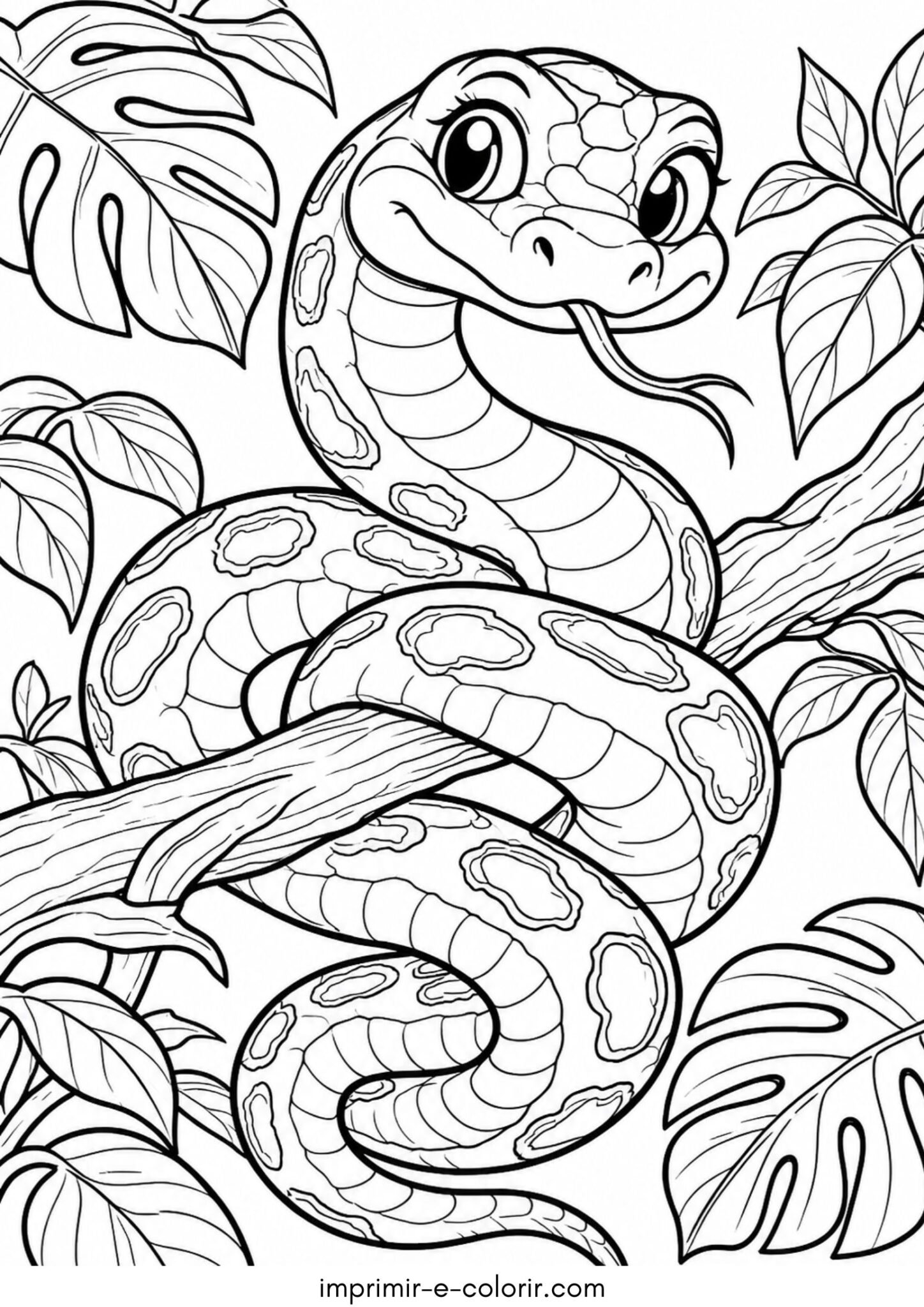 Desenho de Jiboia enrolada no galho de árvore na selva amazônica