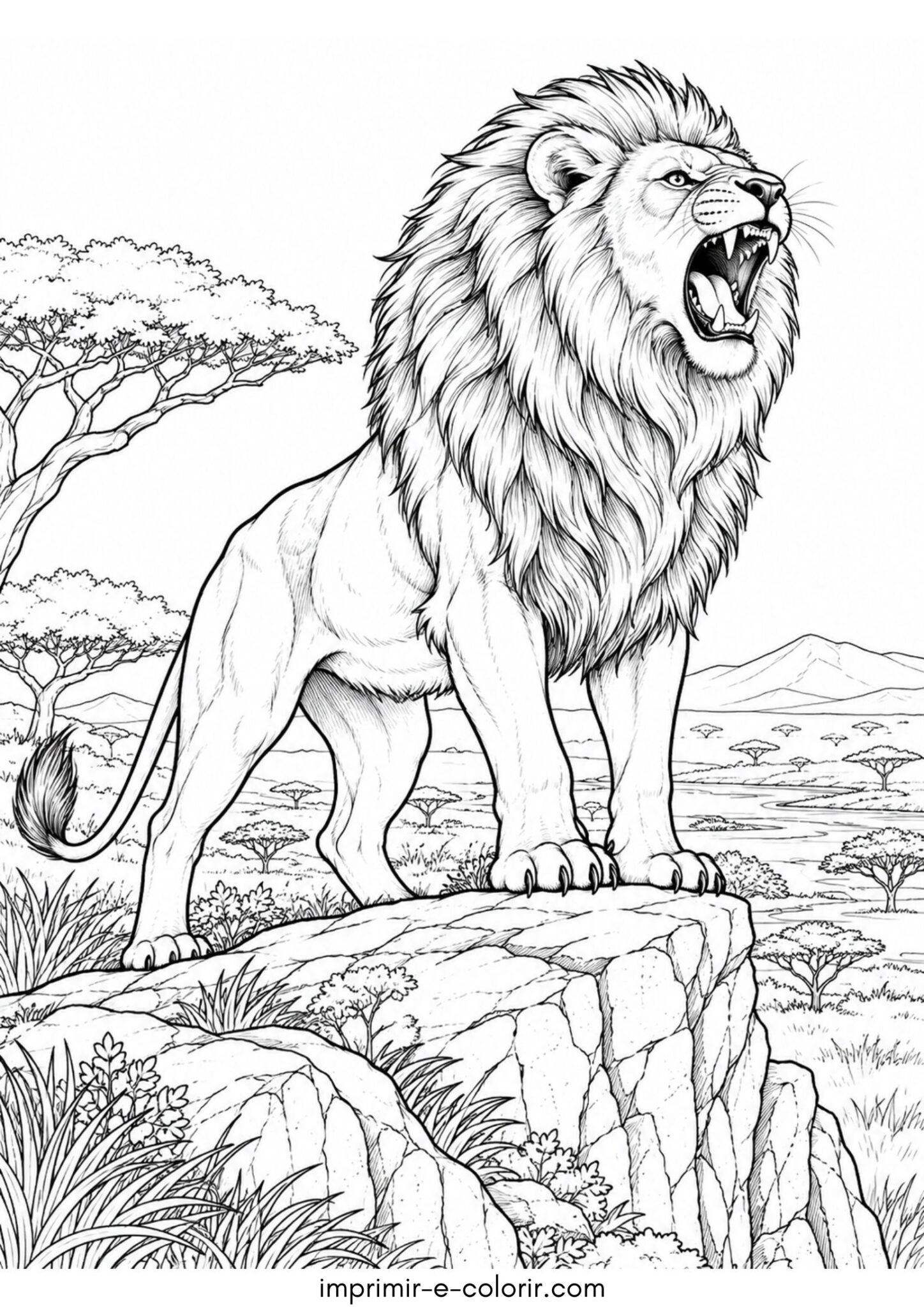 Desenho de Leão majestoso rugindo no topo de uma pedra na savana