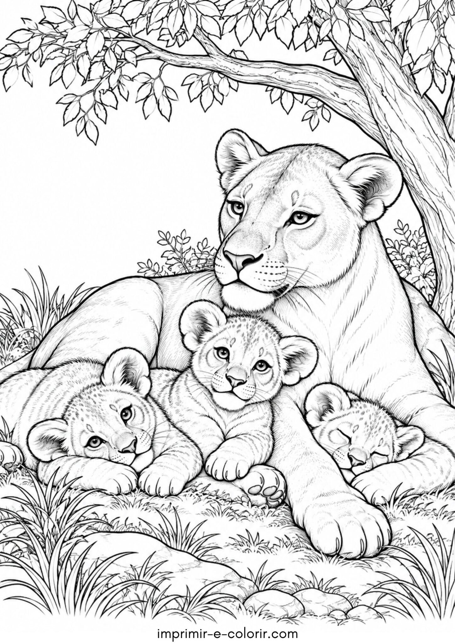 Desenho de Leoa e filhotes descansando sob a árvore