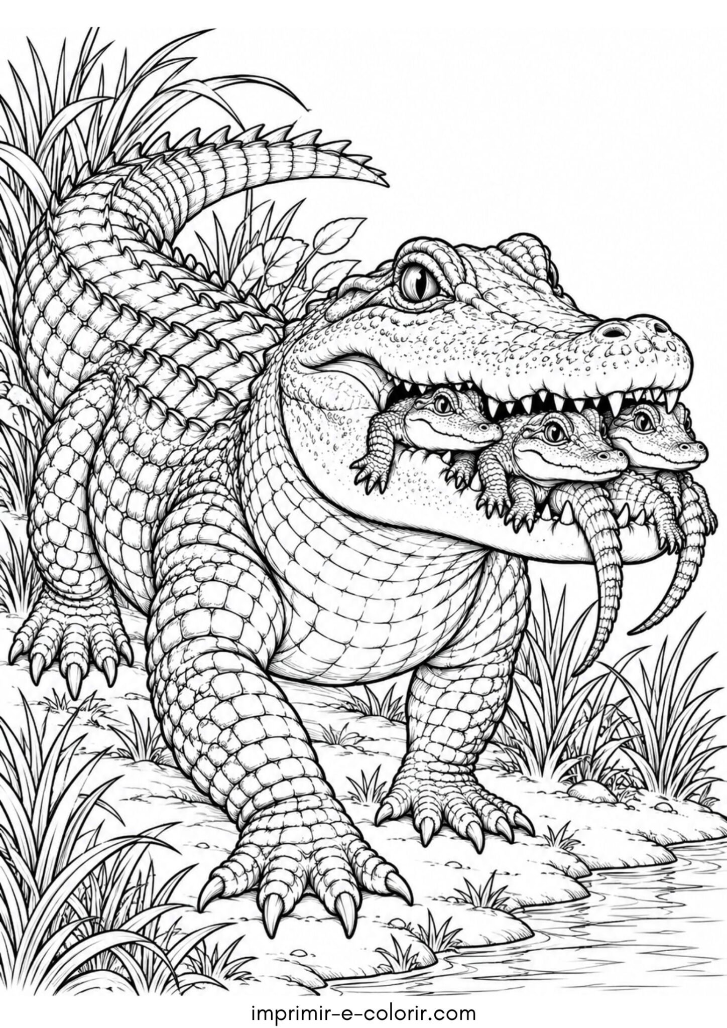 Desenho de Mãe jacaré carregando seus filhotes recém-nascidos na boca para colorir e imprimir