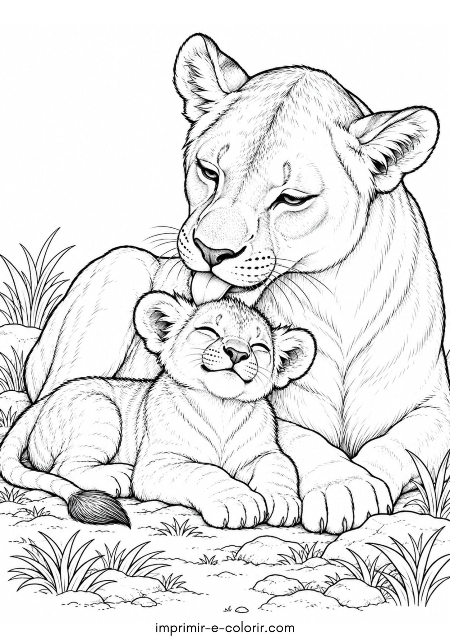 Desenho de Mãe leoa lambendo carinhosamente a cabeça do seu filhote para colorir e imprimir